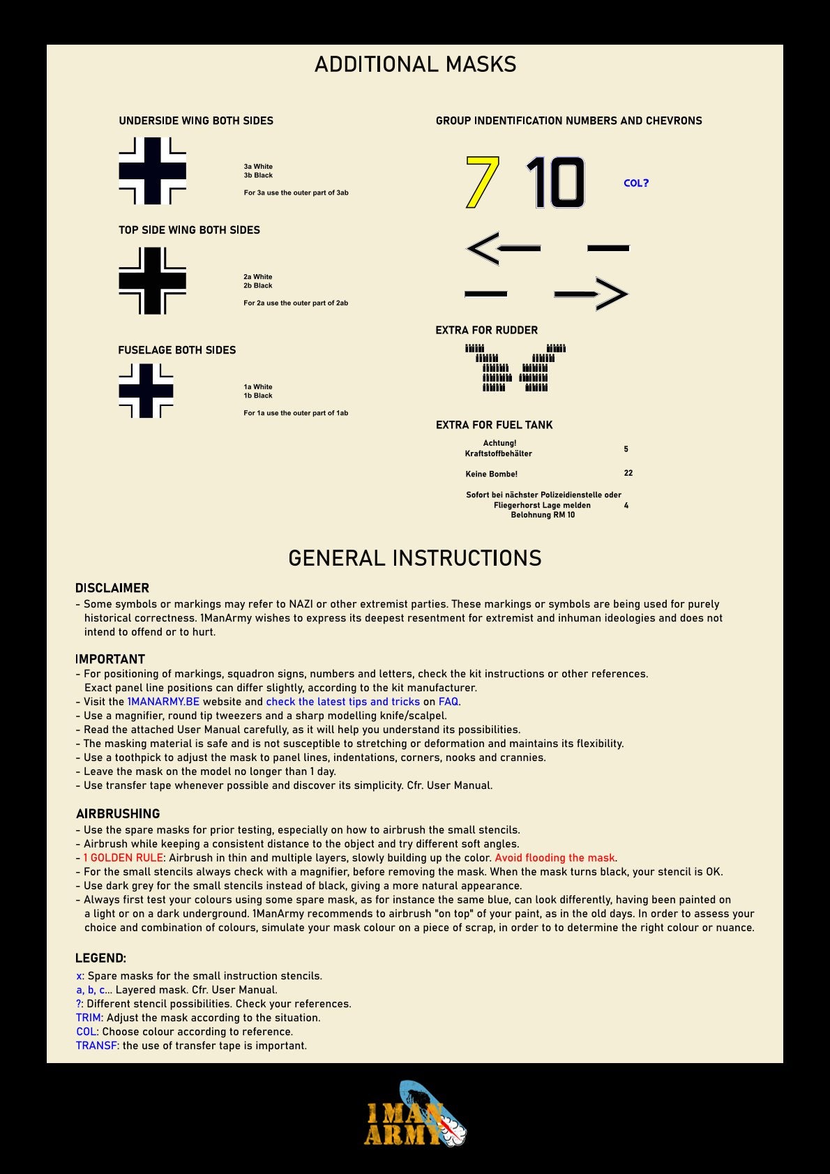 追加マスクの一覧と一般説明が記載された 1ManArmy Bf 109 E-4 A1/A2 セットの説明書シート画像