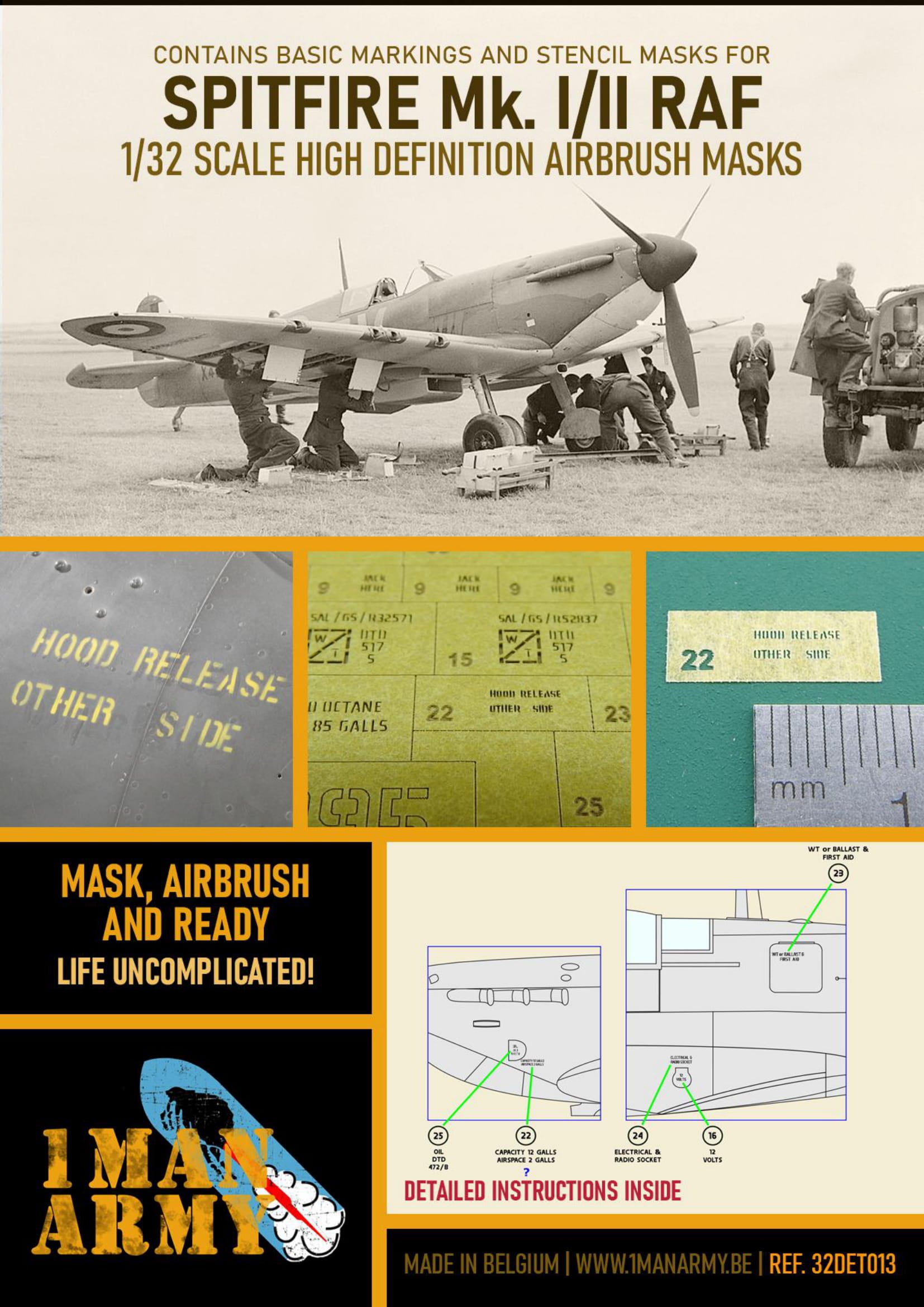 1ManArmy 1/32 スピットファイア Mk.I/II RAF 用エアブラシマスクセットのパッケージ画像