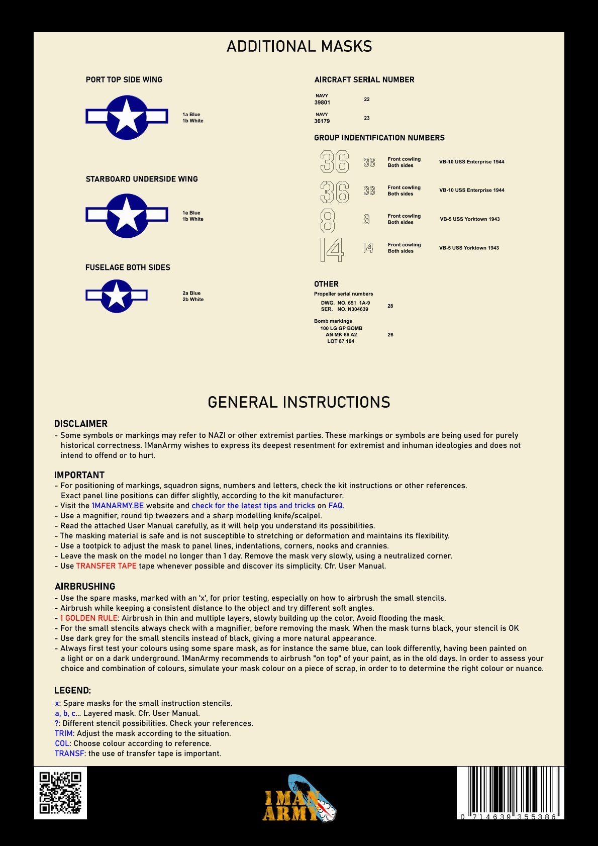 追加マスク内容と一般説明が記載された 1ManArmy 1/32 SBD-5 ドーントレス セットの説明書シート画像