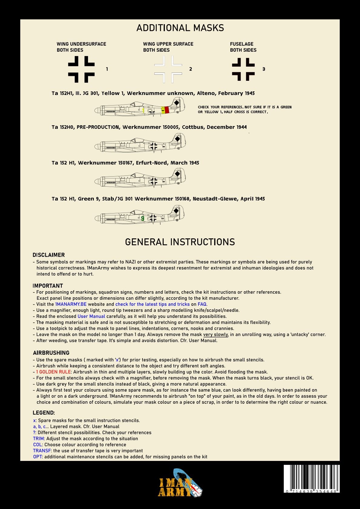 追加マスクの一覧と塗装例シルエットが記載された 1ManArmy Ta 152 H-0/H-1 用マスキングセットの説明書シート画像