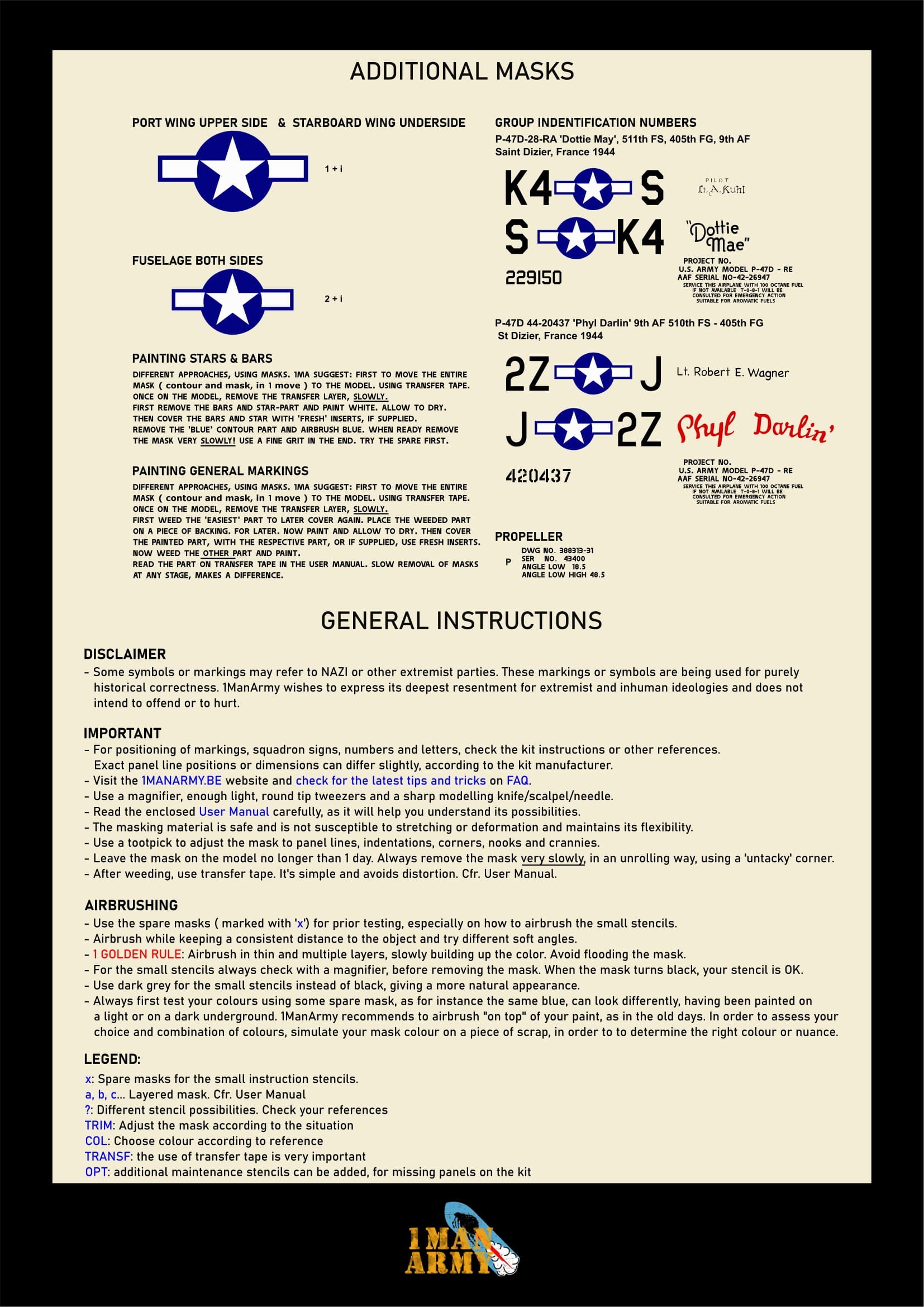星章やスコードロンコードなど追加マスクの一覧が記載された 1ManArmy P-47D バブルトップ用マスキングセットの説明書シート画像