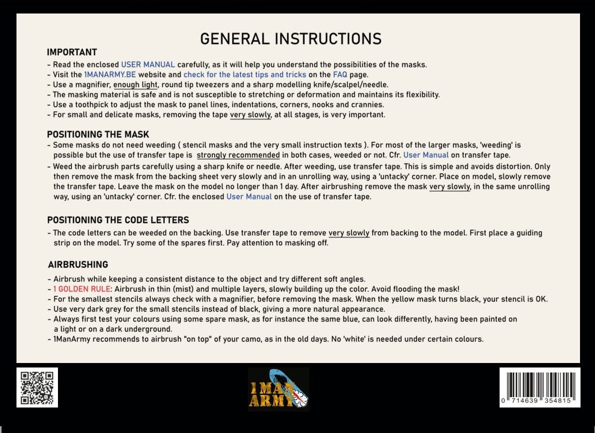 1ManArmy 1/48 RAF用 20インチ コードレター エアブラシマスクセットの内容物・ステンシルシートの画像