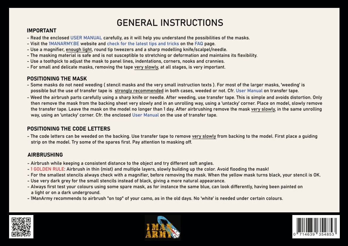 一般説明と配置ガイドが印刷された 1ManArmy 1/48 RAF用 36インチ コードレター エアブラシマスクセットの説明書シート画像