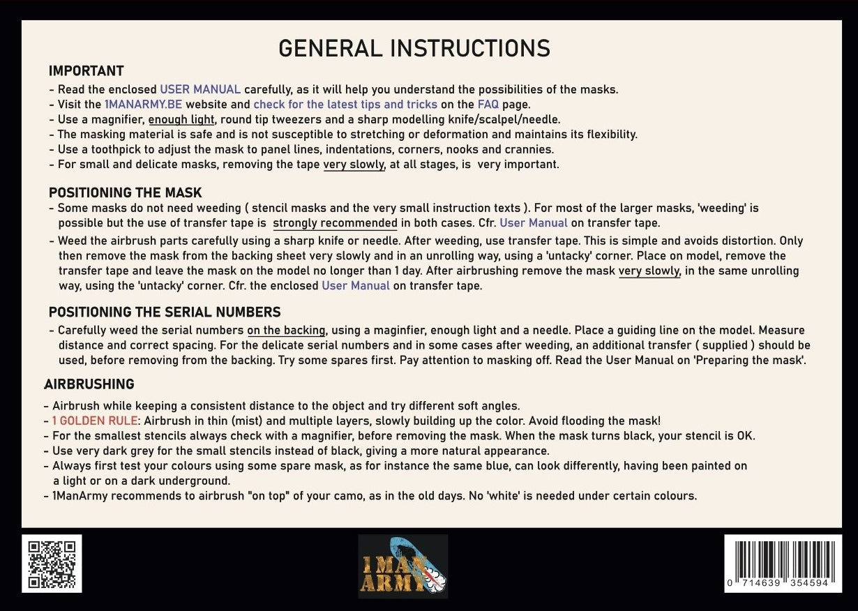 一般説明と使用方法が印刷された 1ManArmy 1/48 RAF 8インチ シリアルナンバー セットの説明書シート画像