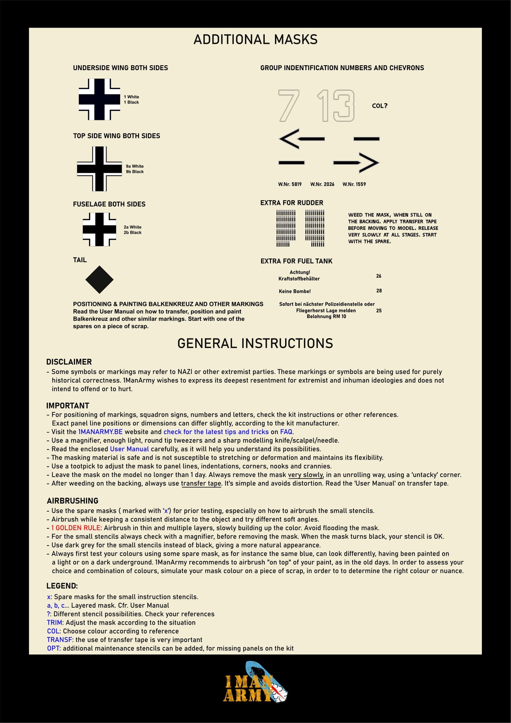 1ManArmy 1/18 Messerschmitt Bf109 E-4 塗装マスキングセット 内容/説明書画像