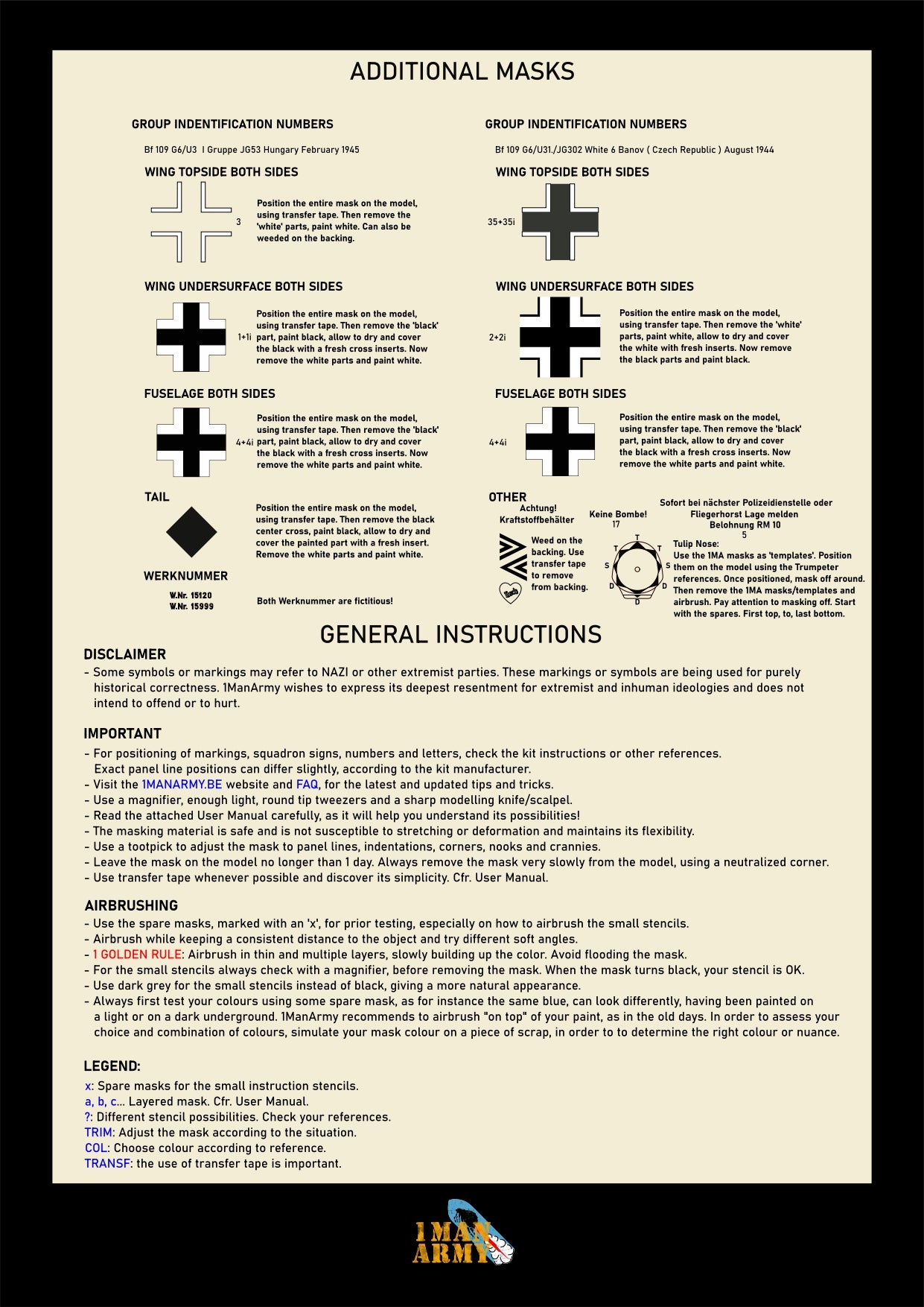 1ManArmy 1/24 Messerschmitt Bf 109 G-6 “Late” 塗装マスキングセット 内容/説明書画像