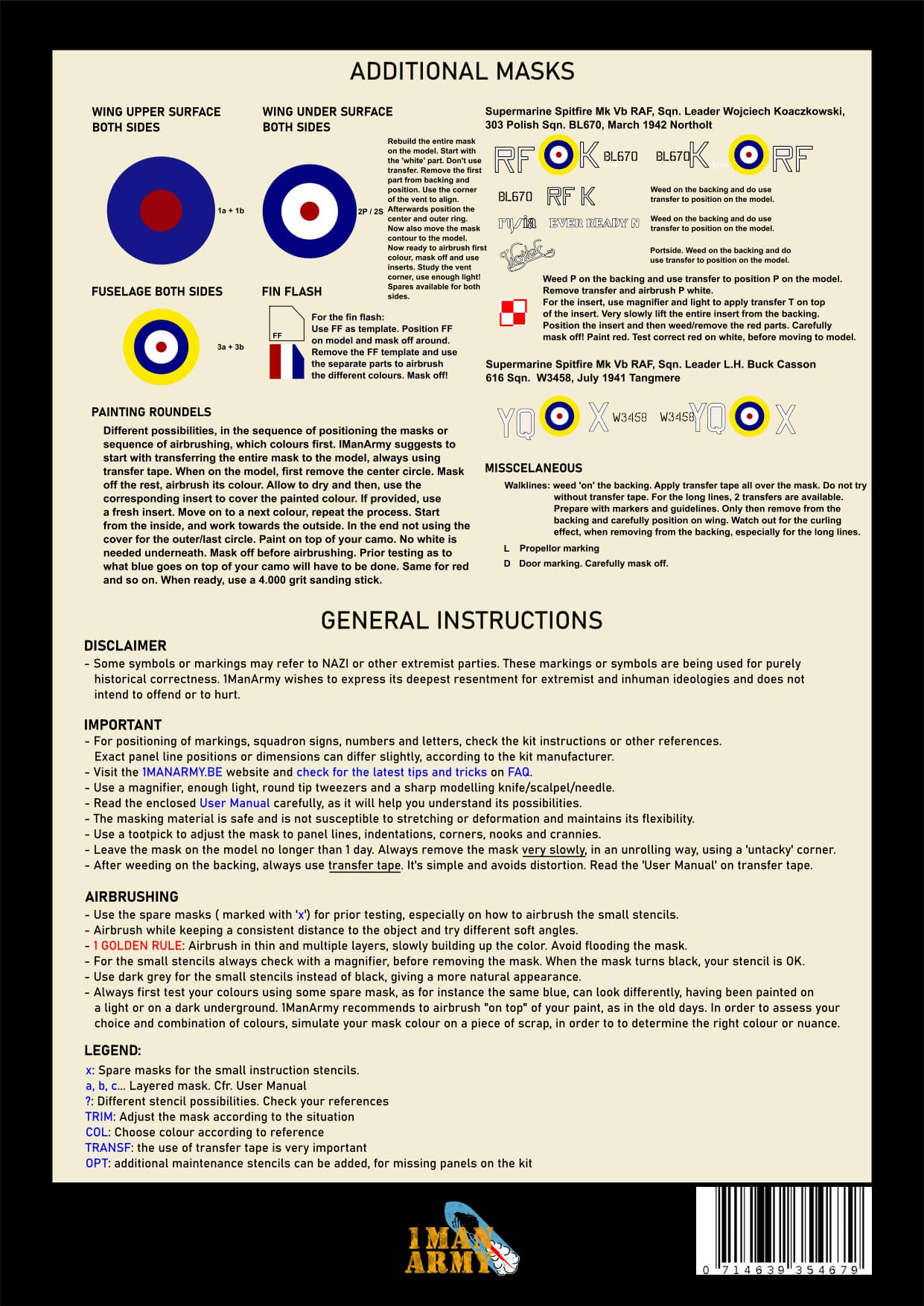 1ManArmy 1/24 Supermarine Spitfire Mk.Vb 塗装マスキングセット 内容/説明書画像