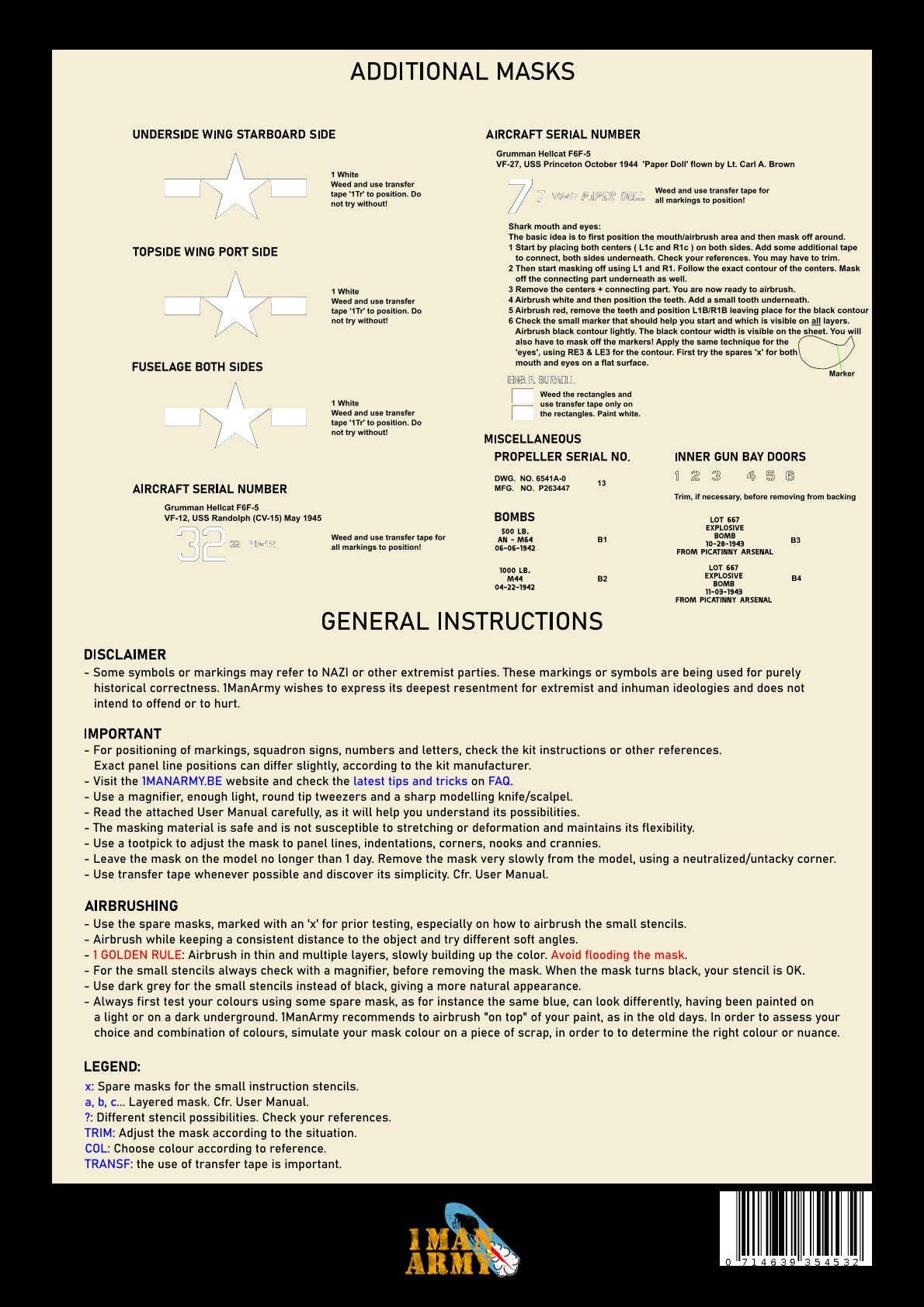 1ManArmy 1/24 Grumman F6F-5 Hellcat 塗装マスキングセット 内容/説明書画像