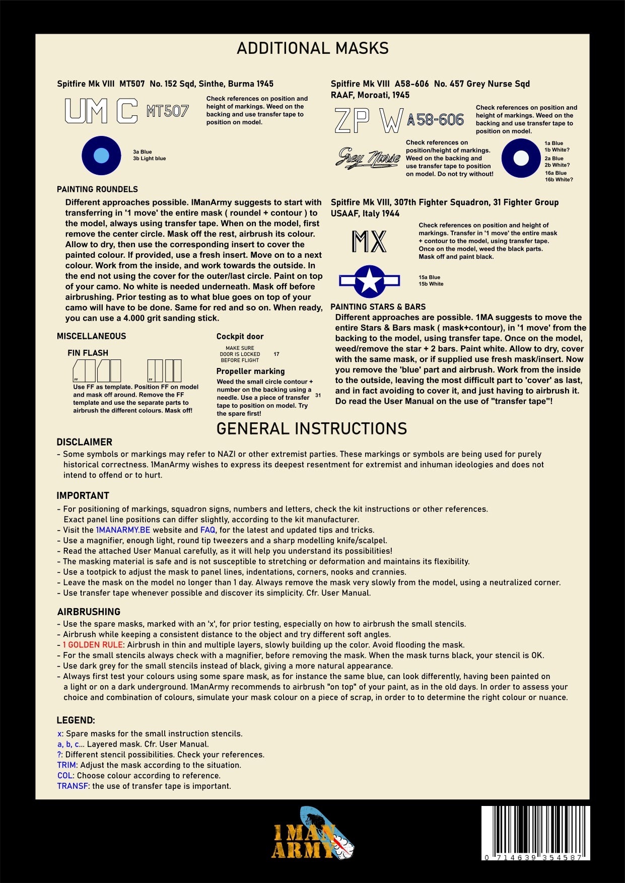 1ManArmy 1/24 Spitfire Mk. VIII 塗装マスキングセット 内容/説明書画像