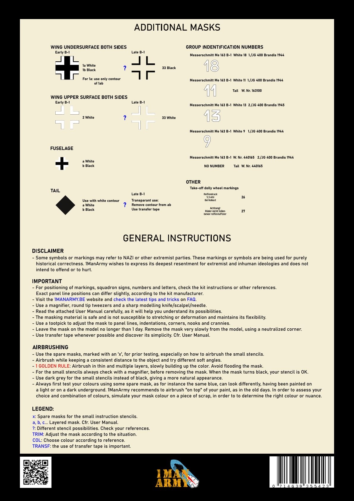 1ManArmy 1/32 メッサーシュミット Me 163B「コメート」塗装マスキングセットの説明書/内容一覧画像
