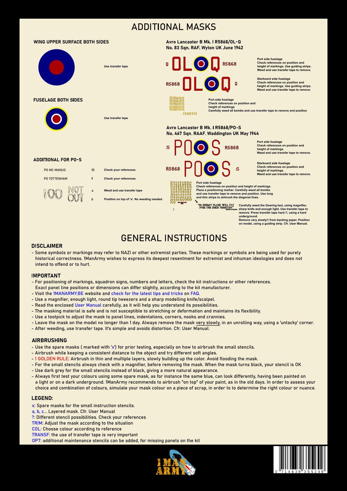1ManArmy 1/32 アブロ ランカスター B Mk.I塗装マスキングセットの説明書/内容一覧画像