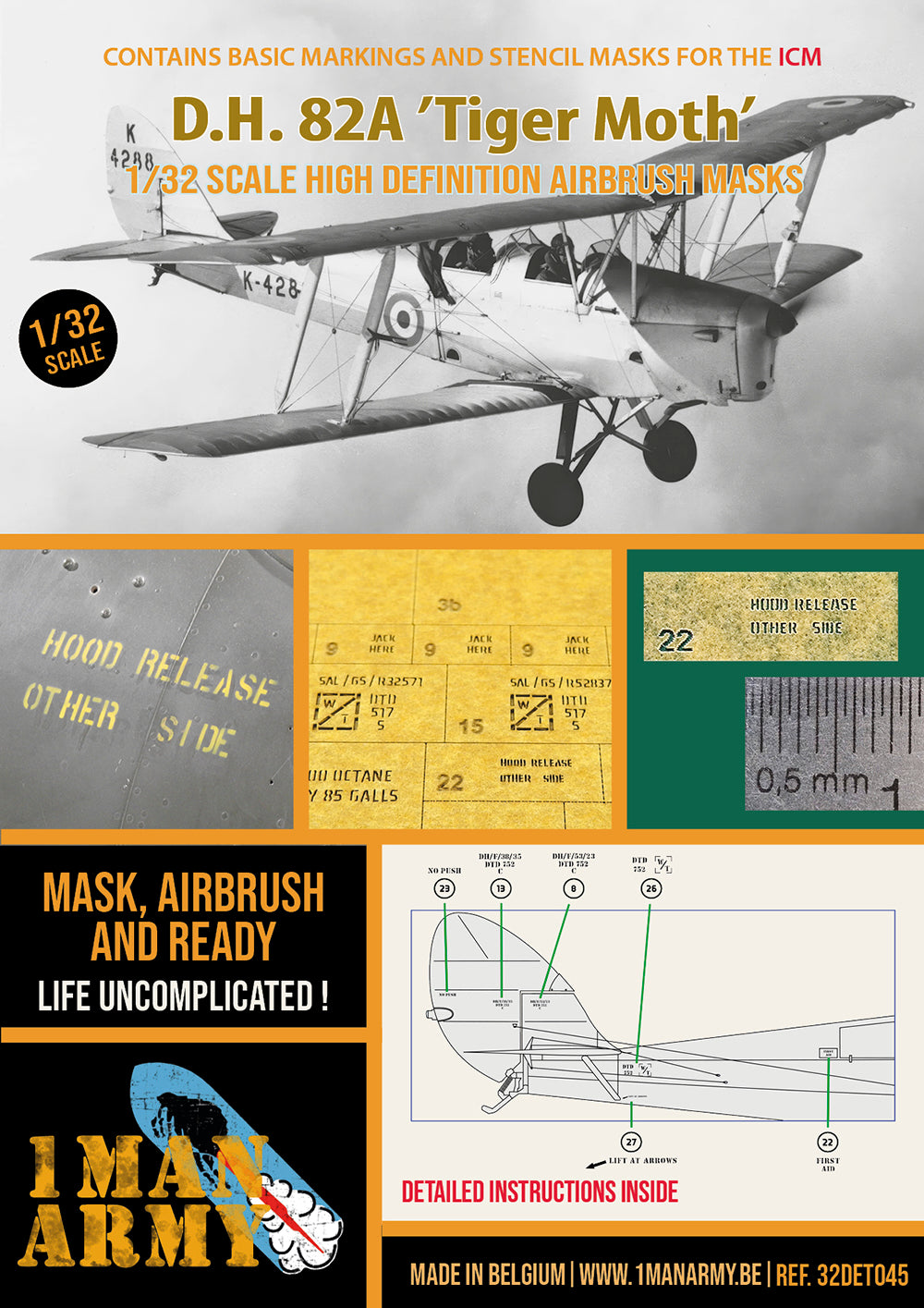 1ManArmy 1/32 D.H. 82A Tiger Moth 塗装マスキングセット パッケージ表面画像