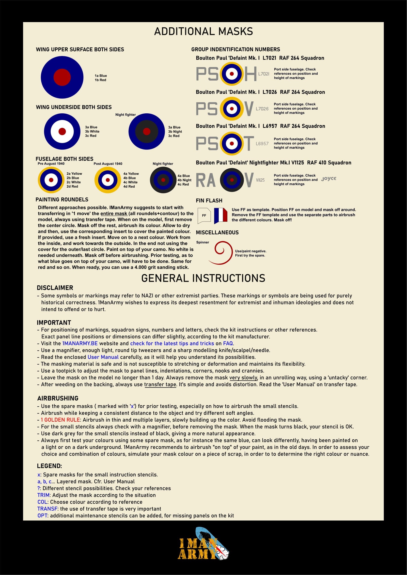 1ManArmy 1/32 ボールトンポール デファイアント Mk.I マスキングセット(Airscale対応)説明面(追加マスク/使用方法)