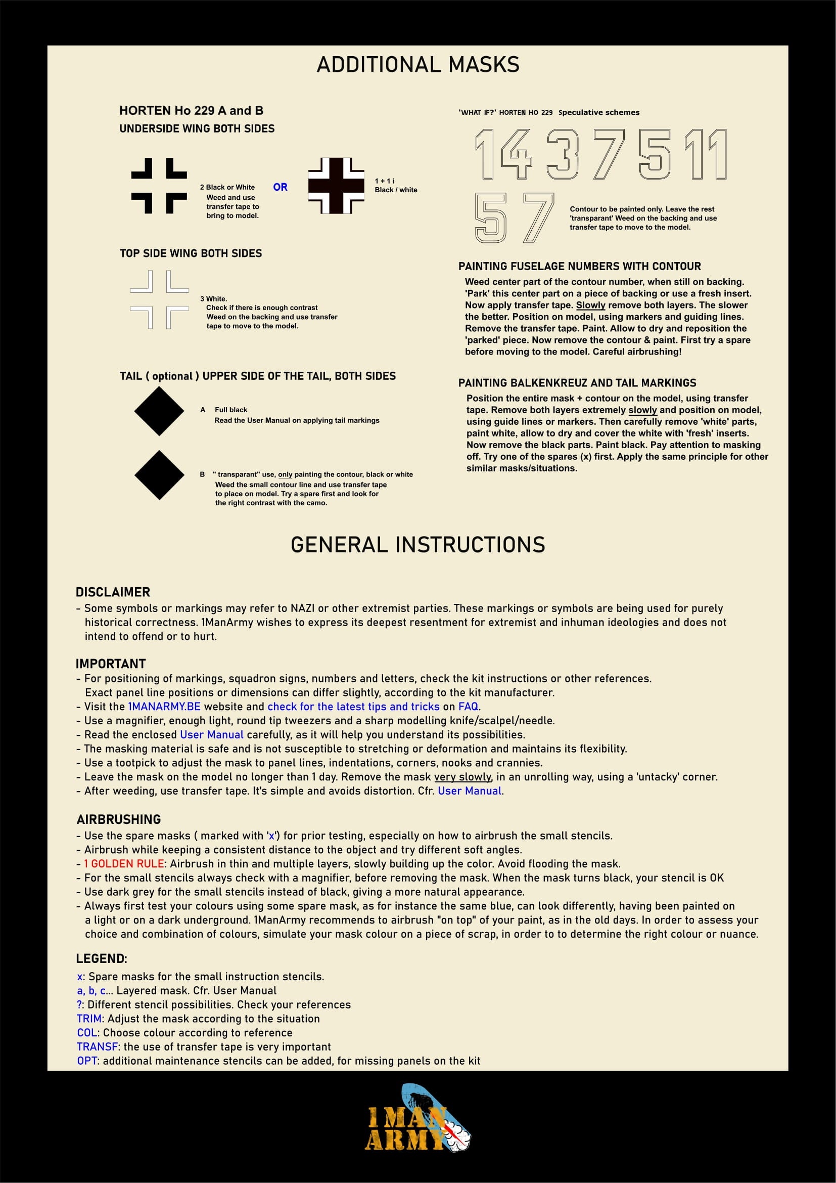 1ManArmy 1/32 ホルテン Ho 229 A/B 塗装マスキングセットの説明書/内容一覧画像