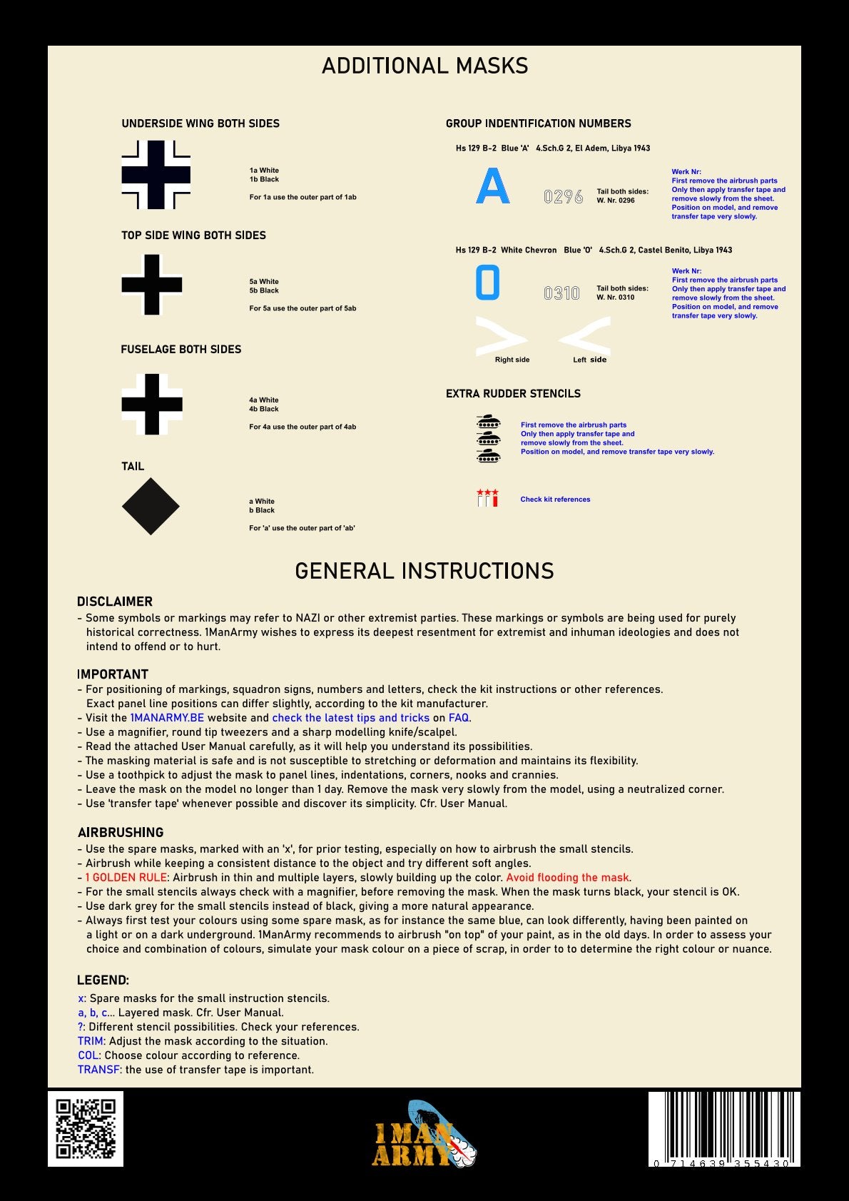 1ManArmy 1/32 ヘンシェル Hs 129 塗装マスキングセットの説明書/内容一覧画像