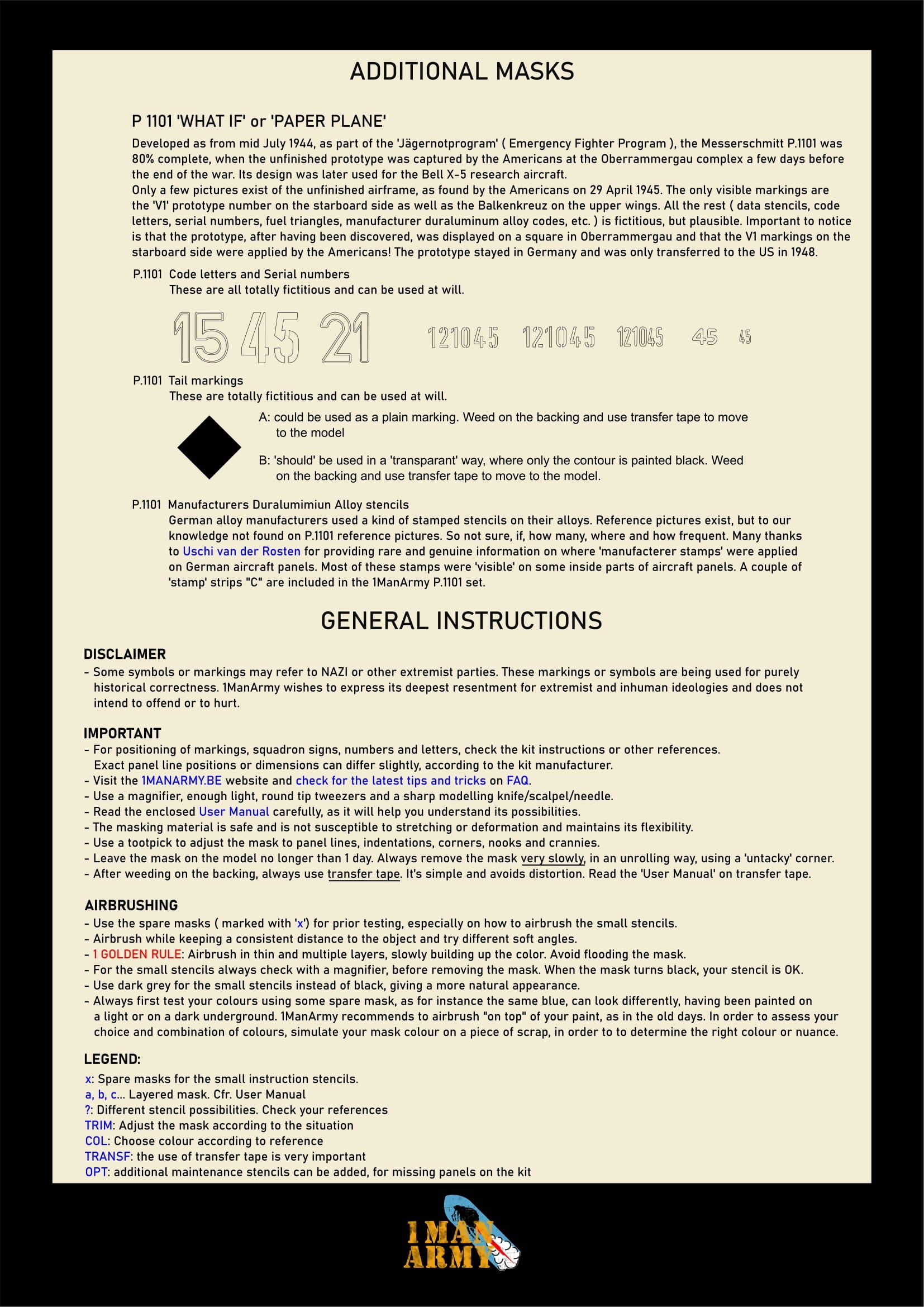 1ManArmy 1/32 メッサーシュミット P.1101 塗装マスキングセットの説明書/内容一覧画像