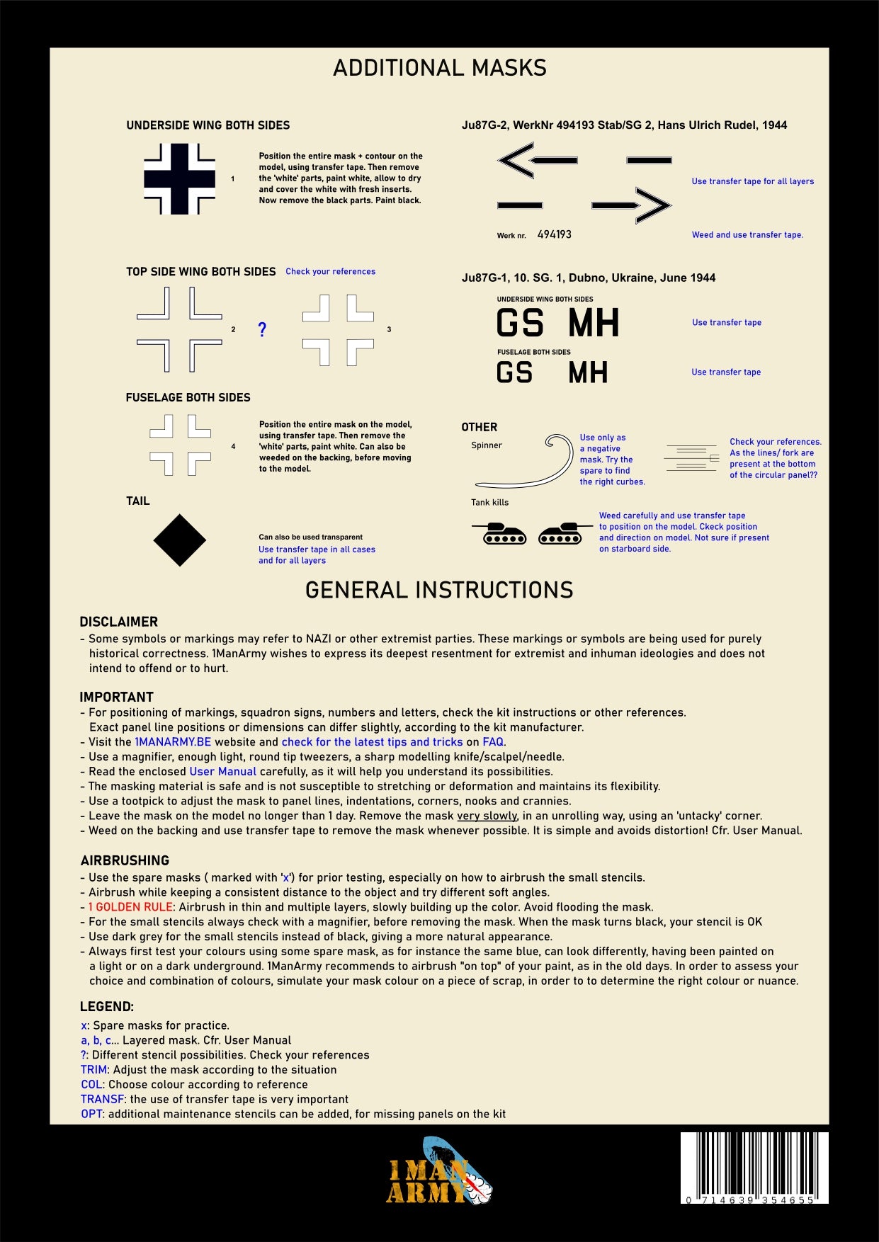 1ManArmy 1/35 Junkers Ju87G “Stuka” 塗装マスキングセット 内容/説明書画像