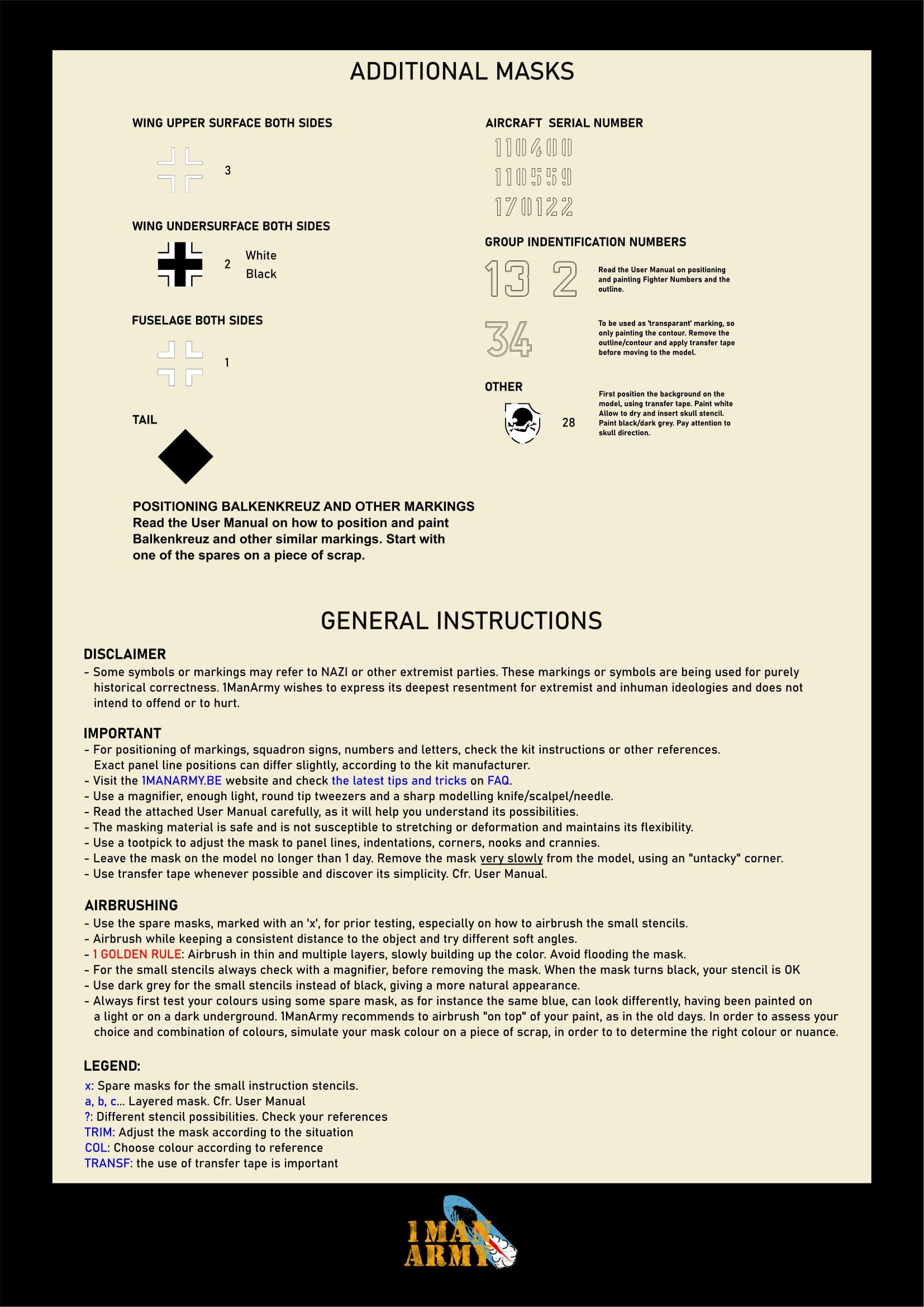 1ManArmy 1/18 メッサーシュミット Me 262 A-1「シュヴァルベ」 塗装マスキングセット 内容／説明書画像