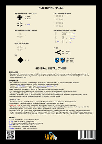 追加マスクの一覧と一般説明が記載された 1ManArmy Me 262 A1/A2 セットの説明書シート画像