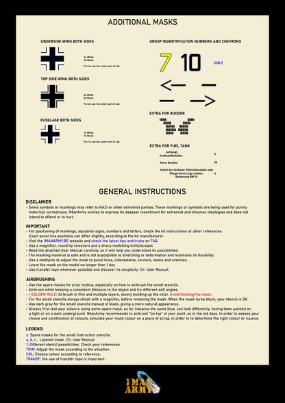 追加マスクの一覧と一般説明が記載された 1ManArmy Bf 109 E-4 A1/A2 セットの説明書シート画像