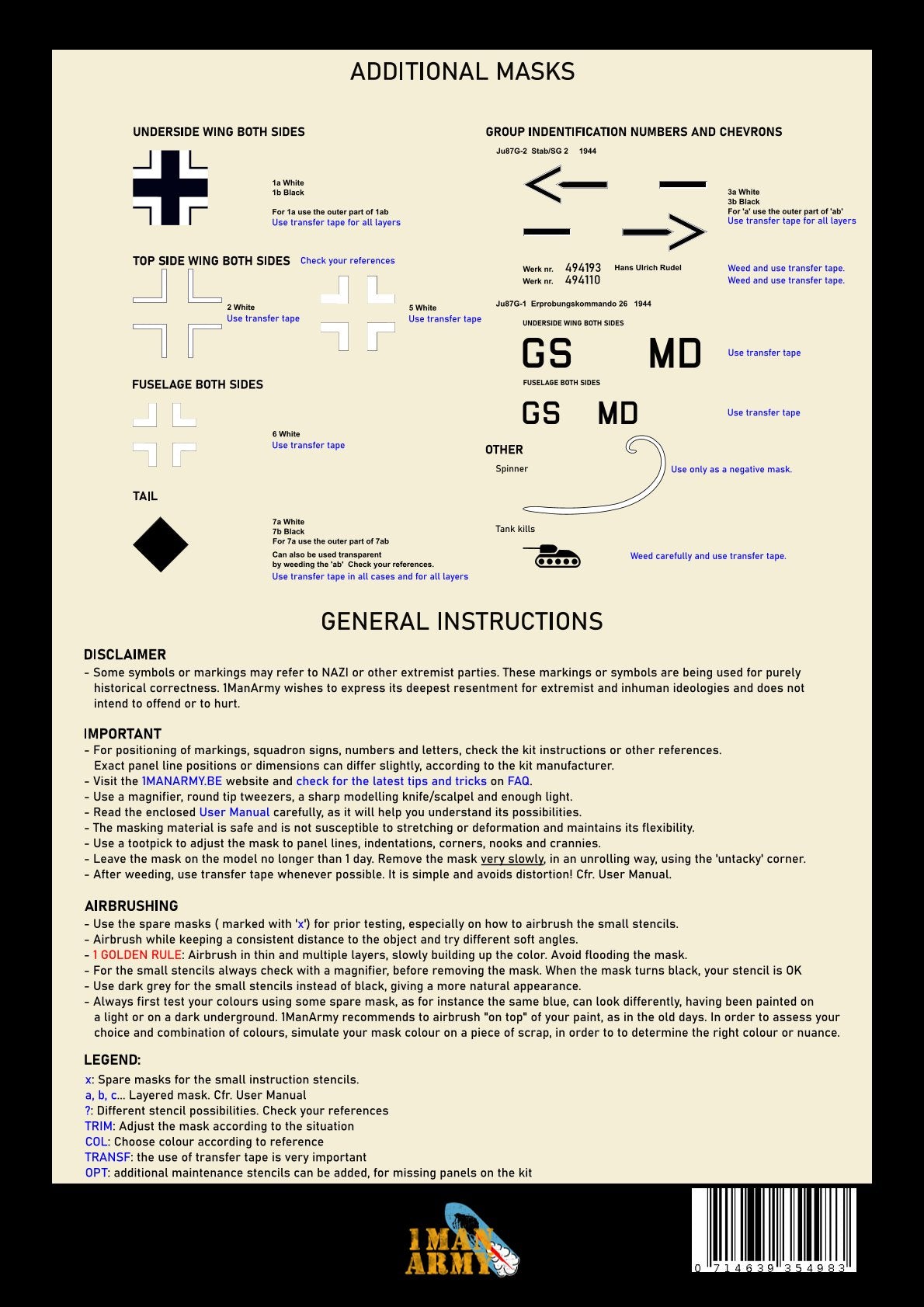 追加マスクの一覧と一般説明が記載された 1ManArmy Ju 87G スツーカ用マスキングセットの説明書シート画像
