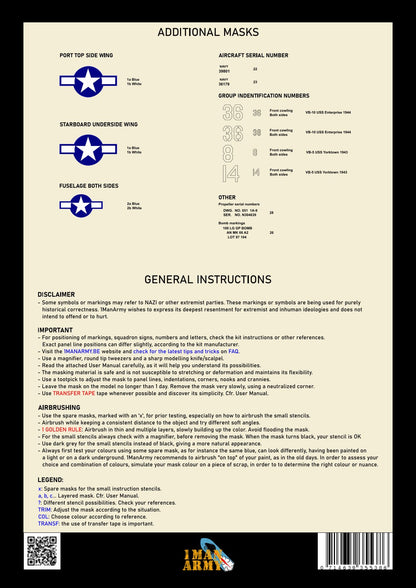 追加マスク内容と一般説明が記載された 1ManArmy 1/32 SBD-5 ドーントレス セットの説明書シート画像