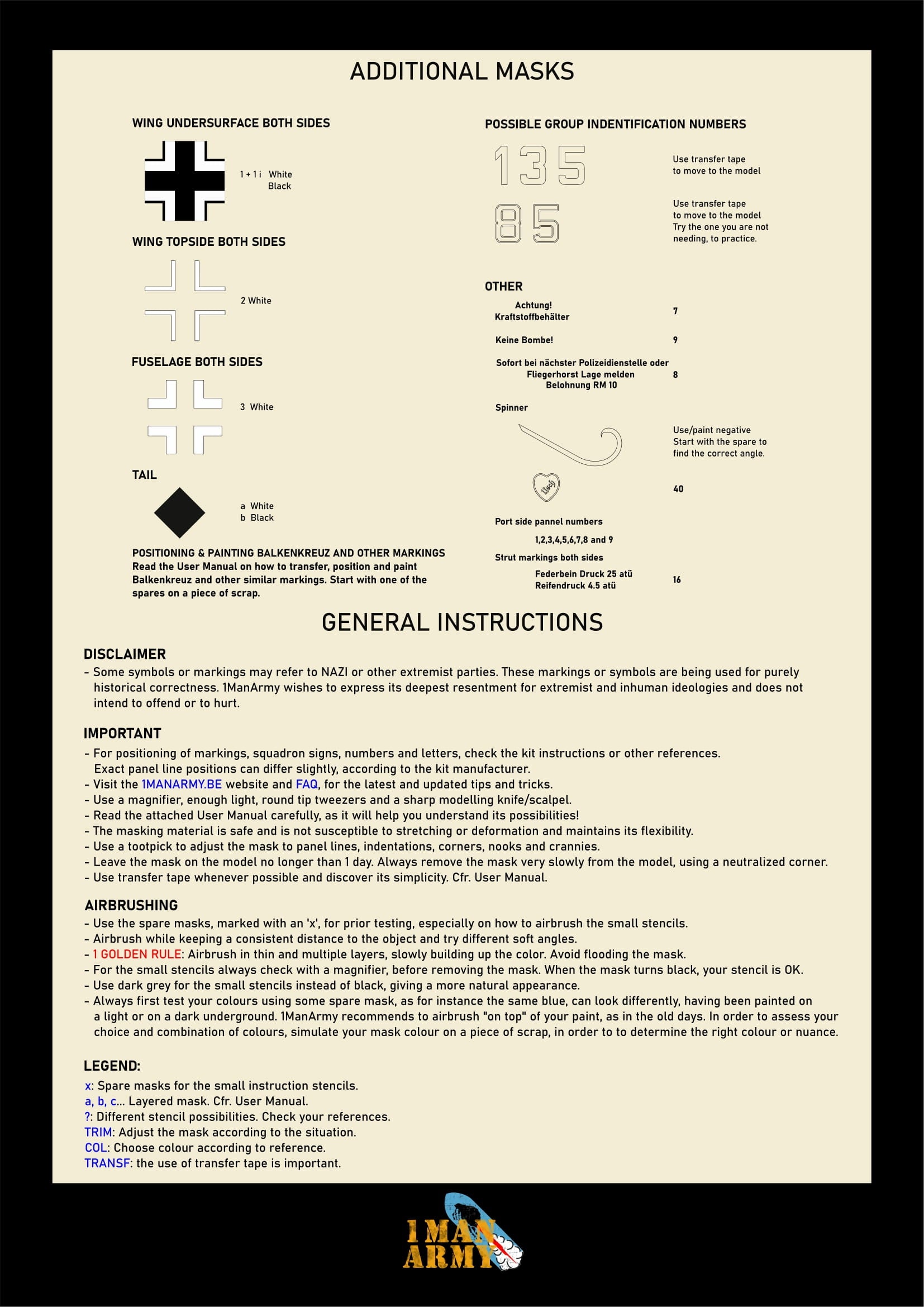 追加マスクの配置とグループ番号が一覧になった 1ManArmy Bf 109 G-14/U4 用マスキングセットの説明書シート画像
