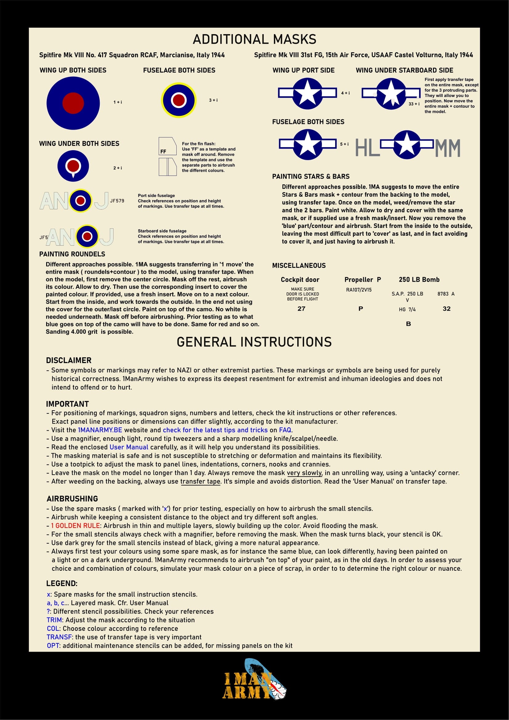 追加マスクと一般説明が記載された 1ManArmy スピットファイア Mk.VIII セットの説明書シート画像