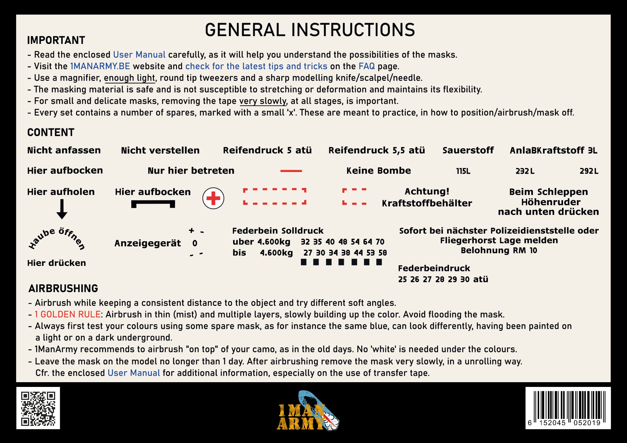 1ManArmy 1/48 Fw190 Aシリーズ用 メンテナンスデータステンシル エアブラシマスクセットの使用説明・内容一覧画像