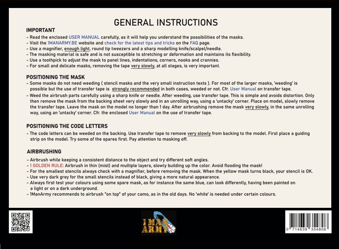 1ManArmy 1/48 RAF用 18インチ コードレター エアブラシマスクセットの内容・使用説明パッケージ裏面画像