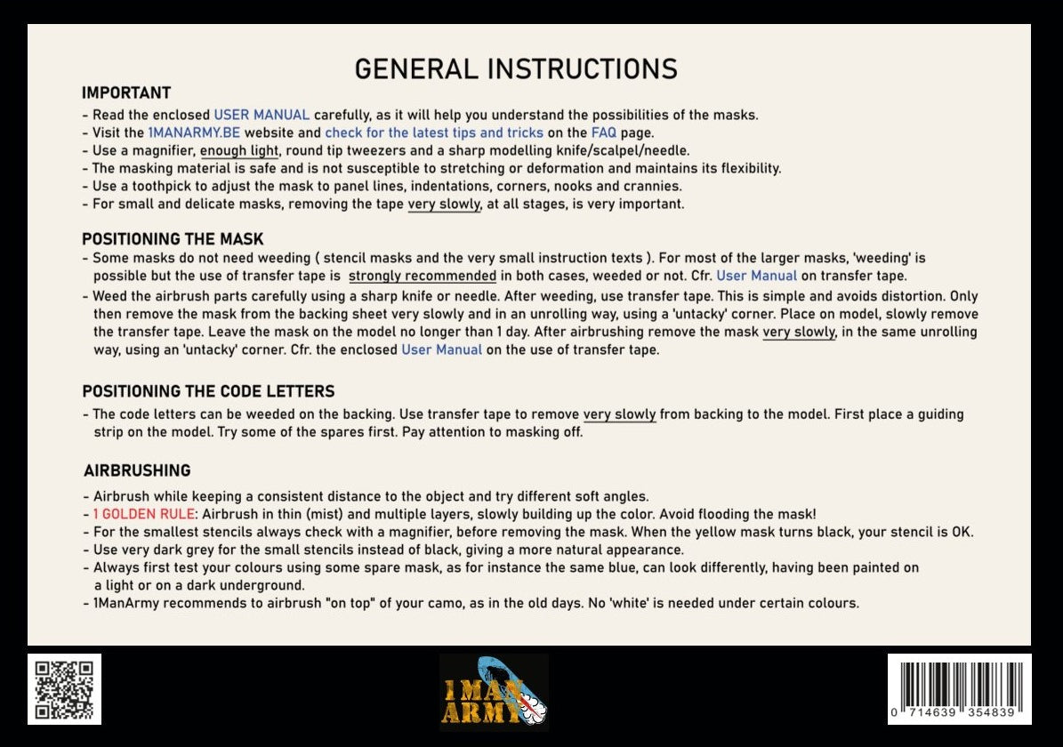 1ManArmy 1/48 RAF用 24インチ コードレター エアブラシマスクセットの内容物・使用説明（裏面）画像