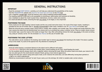 一般説明と配置ガイドが印刷された 1ManArmy 1/48 RAF用 36インチ コードレター エアブラシマスクセットの説明書シート画像