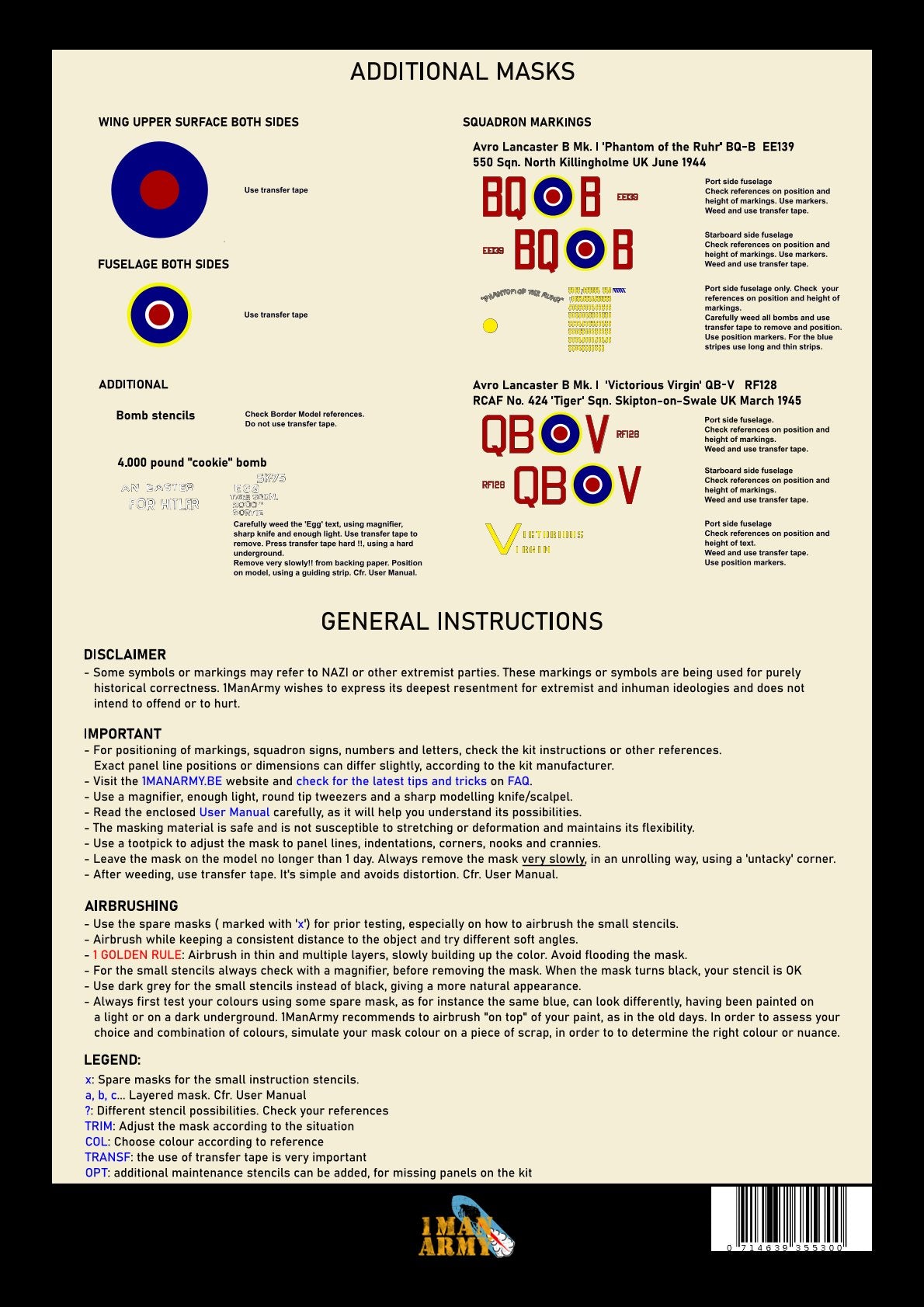 1ManArmy 1/32 アブロ ランカスター B Mk.I マスキングセット（Border Model対応）
