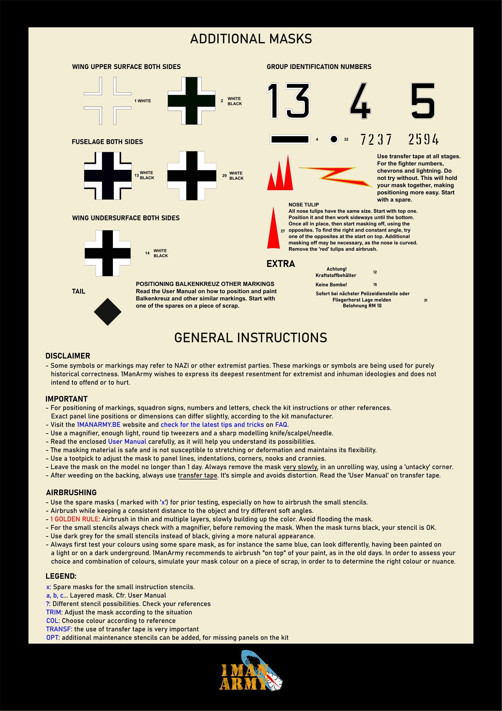 1ManArmy 1/18 フォッケウルフ Fw190 A-5 塗装マスキングセット 内容／説明書画像