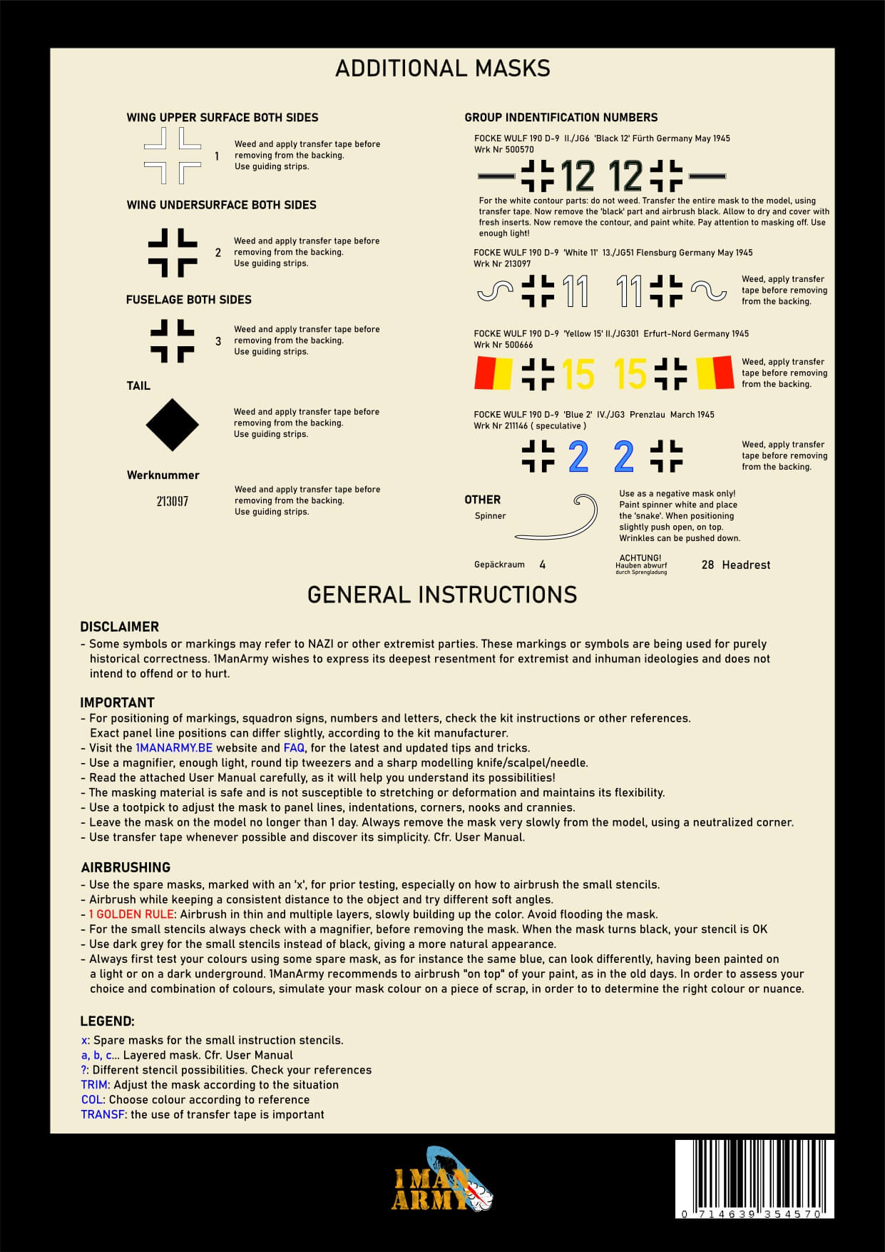 1ManArmy 1/24 Focke‑Wulf Fw190 D‑9 塗装マスキングセット 内容／説明書画像