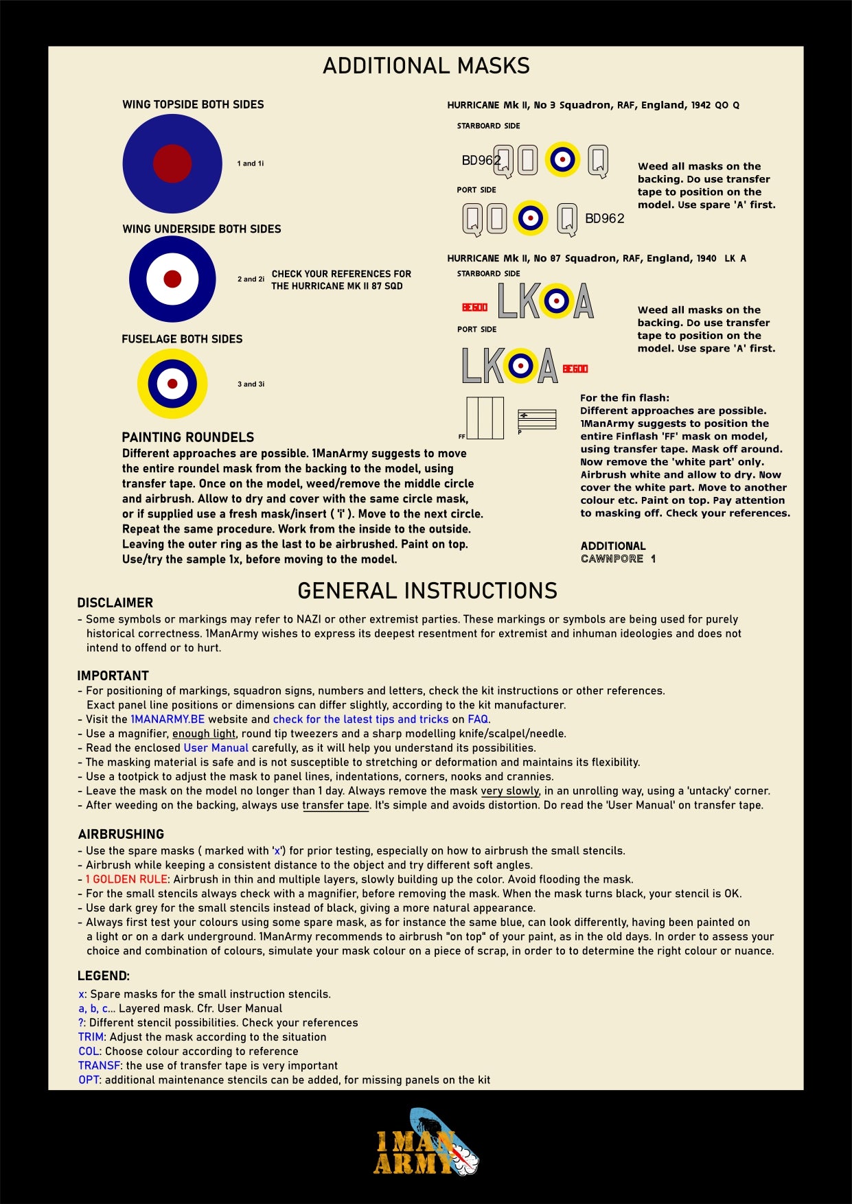 1ManArmy 1/24 Hawker Hurricane Mk.IIc 塗装マスキングセット 内容／説明書画像