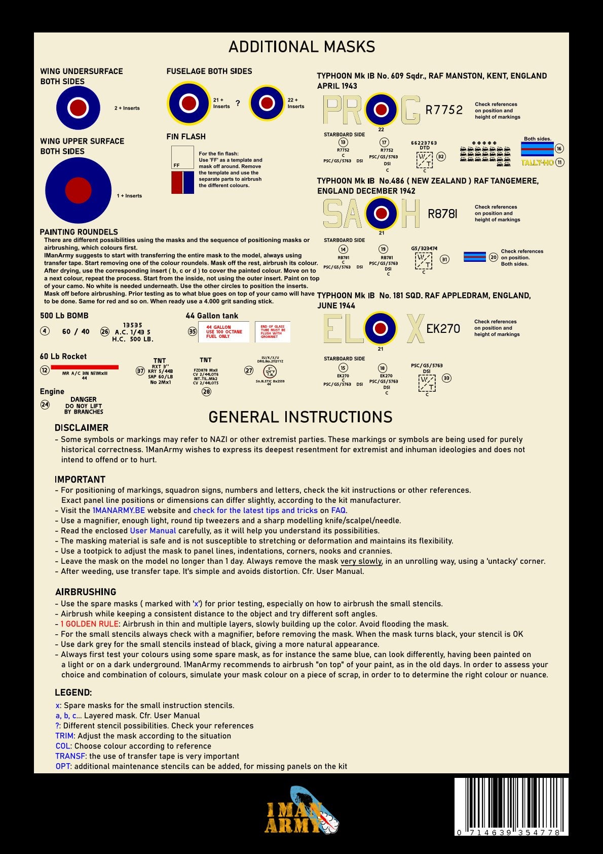 1ManArmy 1/24 Hawker Typhoon Mk.IB "Car Door" 塗装マスキングセット 内容／説明書画像