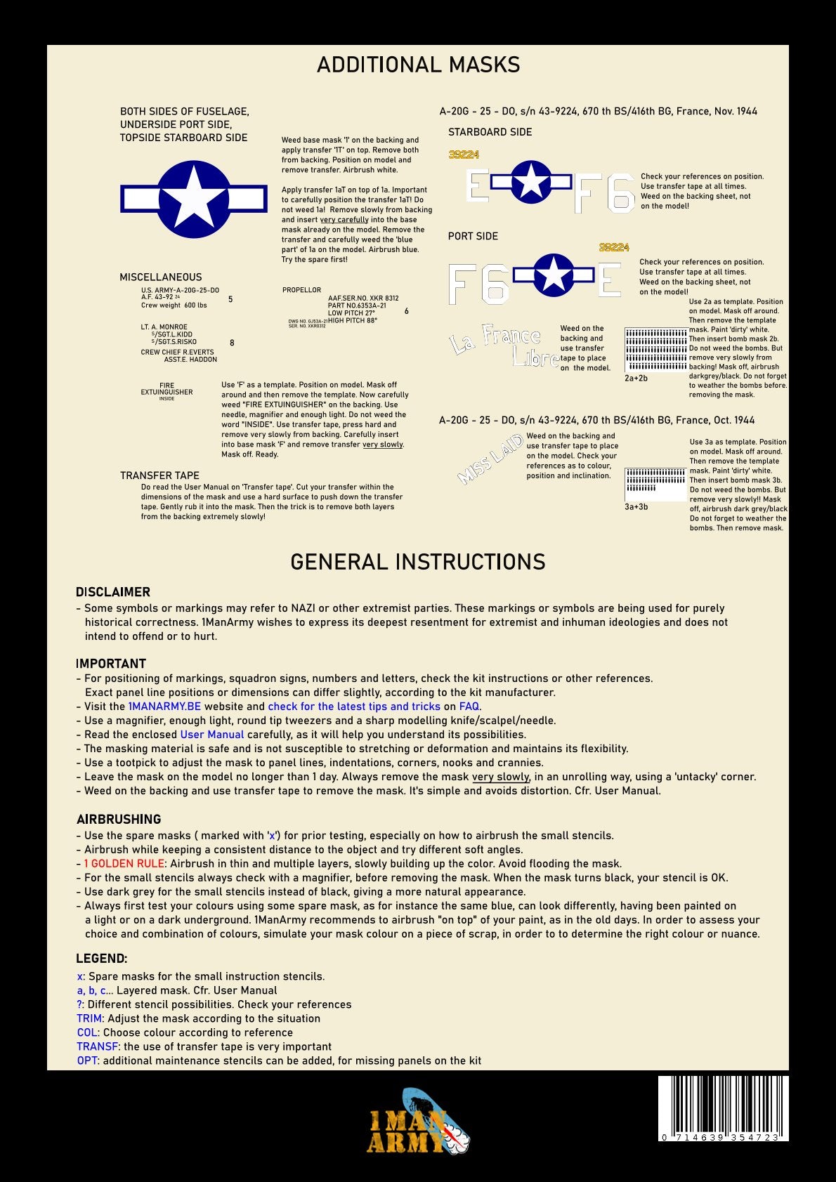 1ManArmy 1/32 A-20G ハボック「ヨーロッパ戦線」塗装マスキングセットの説明書／内容一覧画像