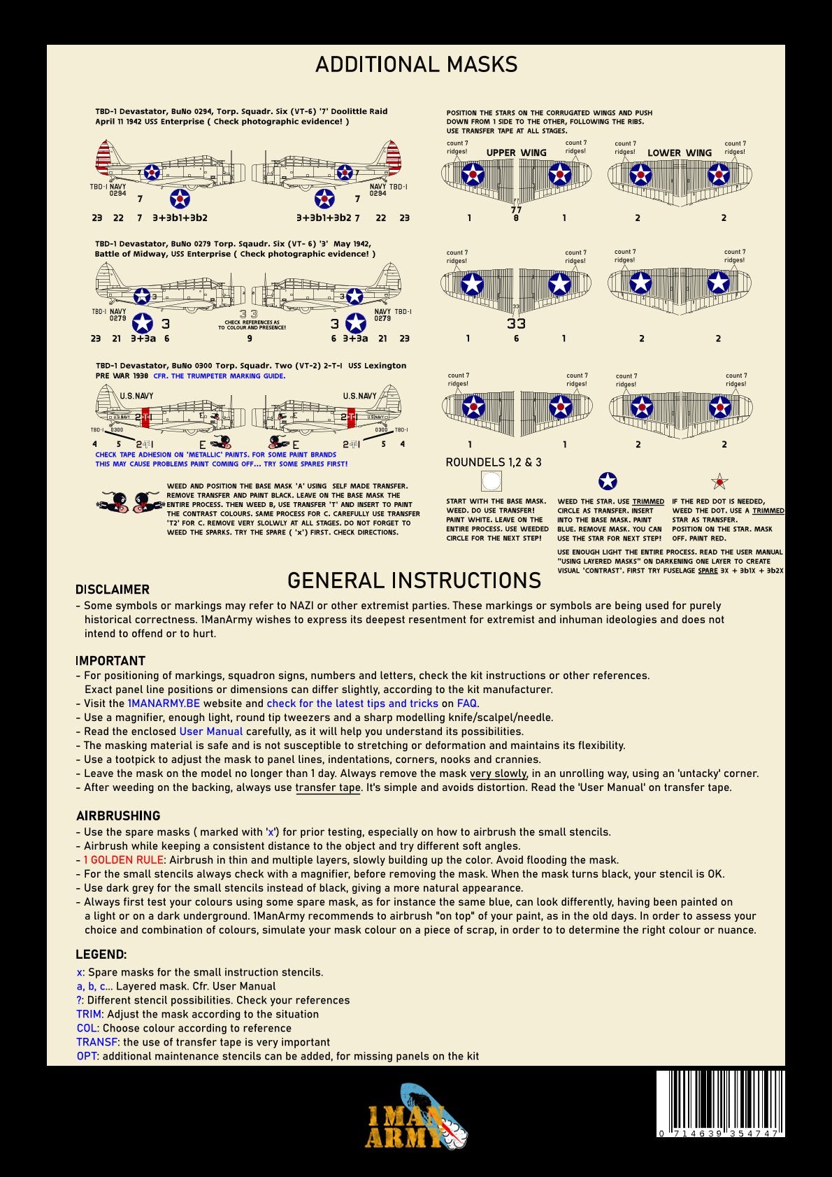 1ManArmy 1/32 TBD-1「デヴァステーター」塗装マスキングセットの説明書／内容一覧画像