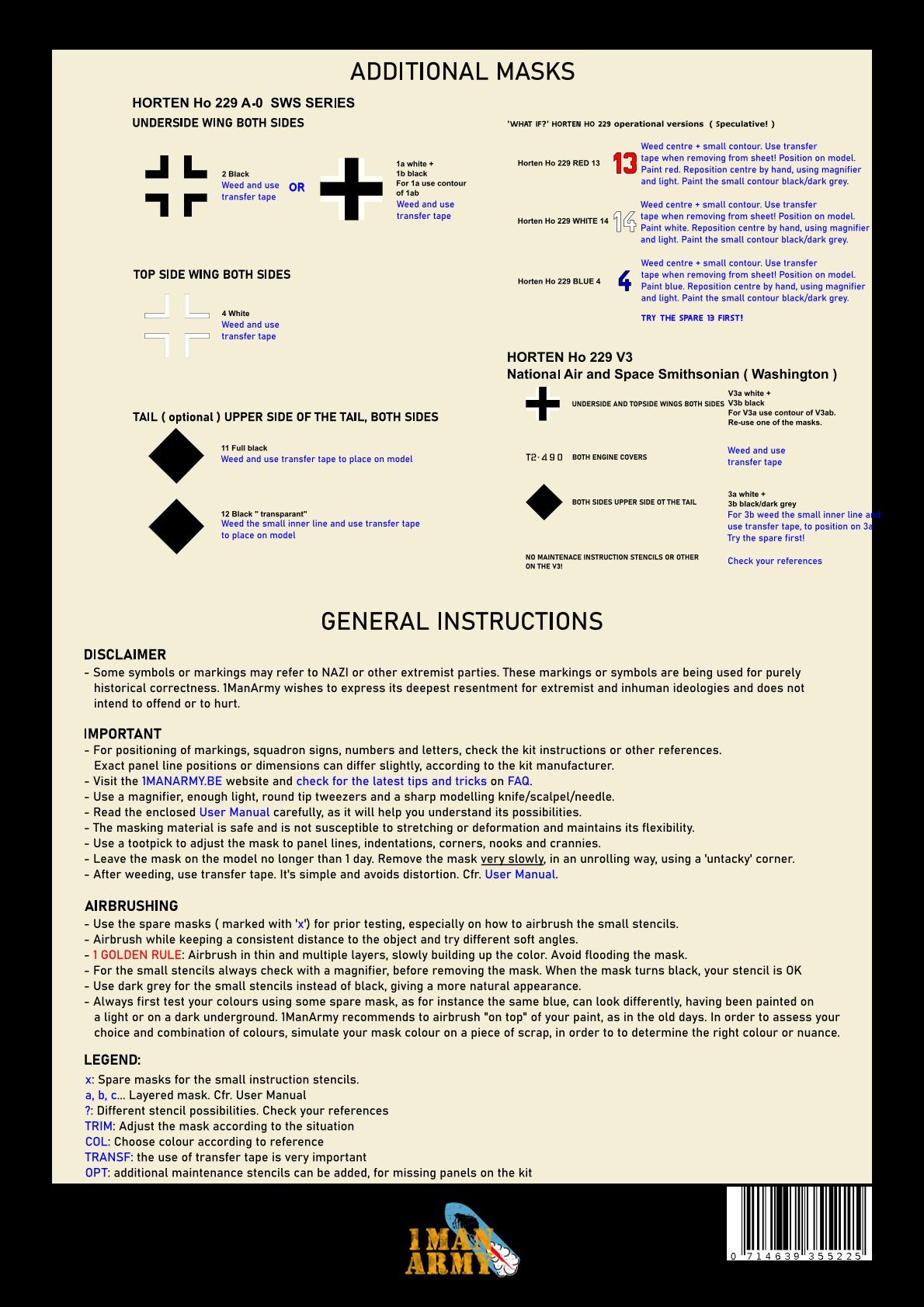 1ManArmy 1/32 ホルテン Ho 229塗装マスキングセットの説明書／内容一覧画像