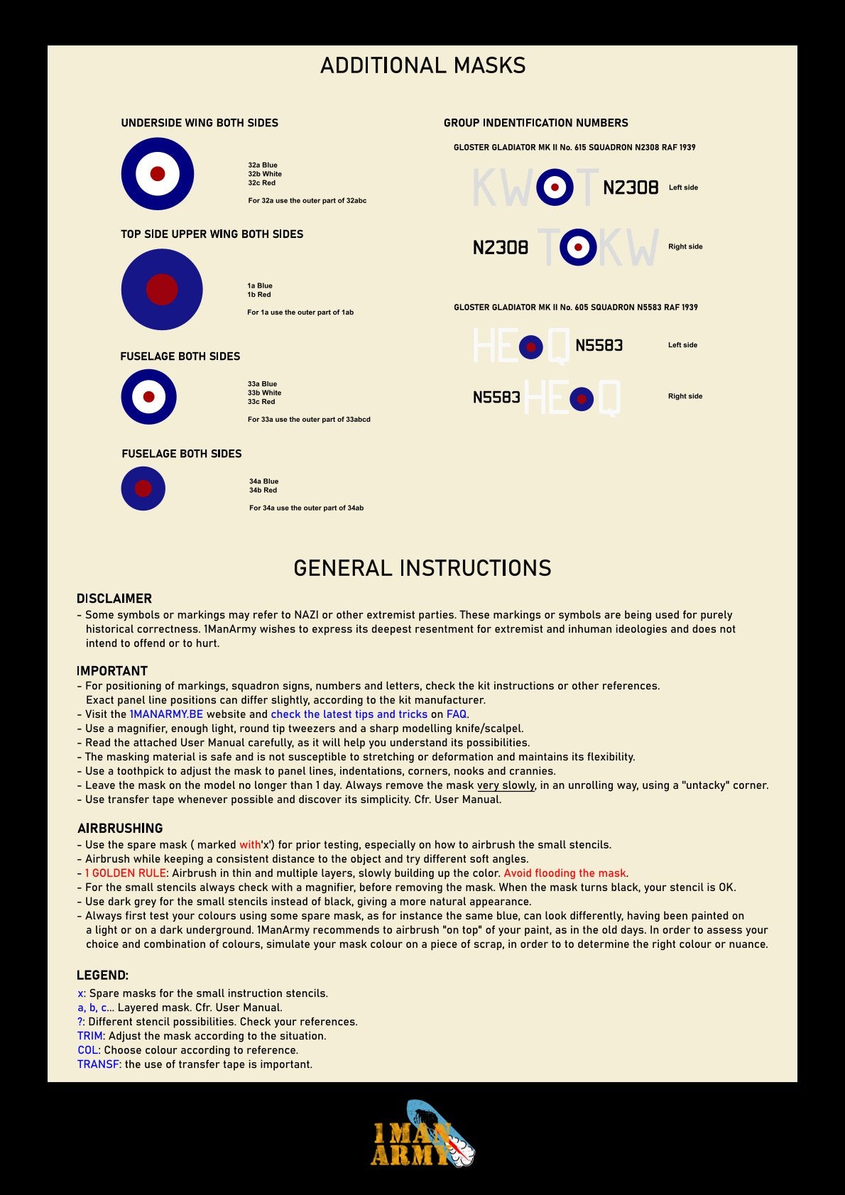 1ManArmy 1/32 グロスター グラディエーター Mk.II RAF 1939/1940 マスキングセット（全ブランド対応）パッケージ裏面（追加マスク／説明）画像