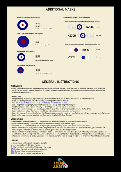 1ManArmy 1/32 グロスター グラディエーター Mk.II RAF 1939/1940 マスキングセット（全ブランド対応）パッケージ裏面（追加マスク／説明）画像