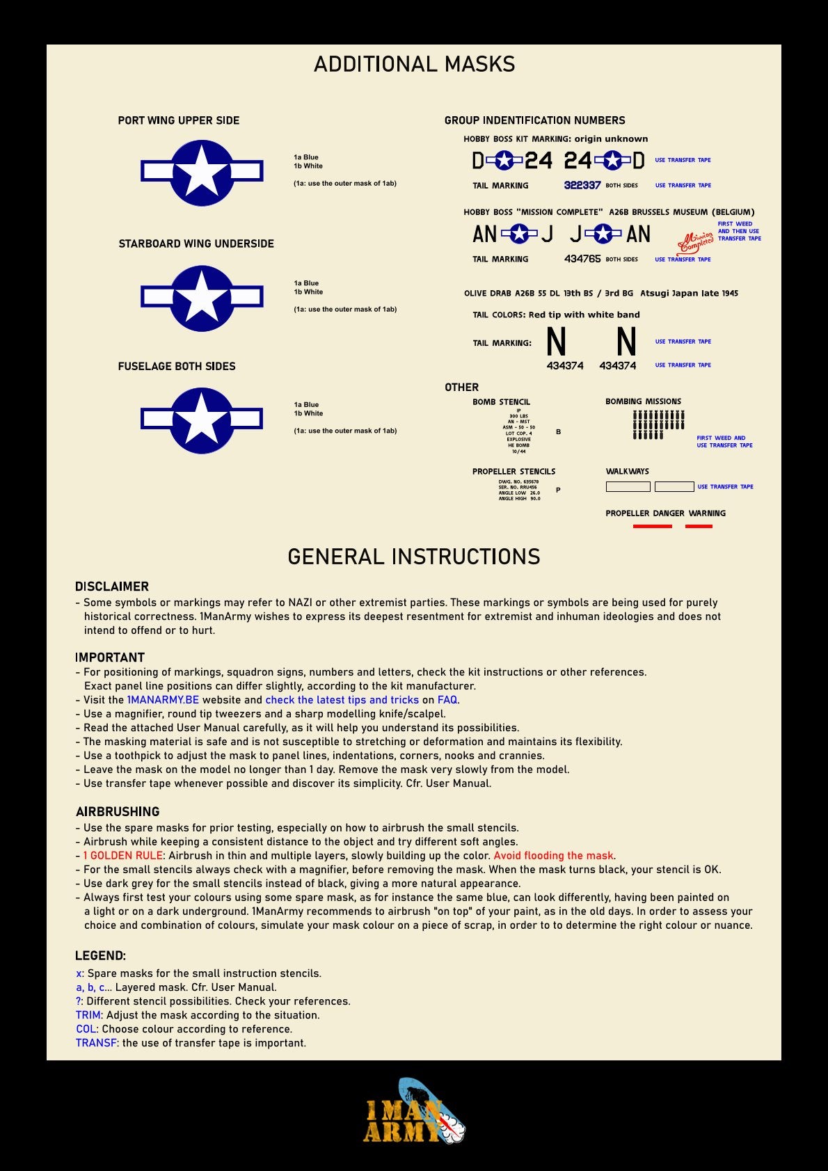 1ManArmy 1/32 A-26B インベーダー 塗装マスキングセットの説明書／内容一覧画像