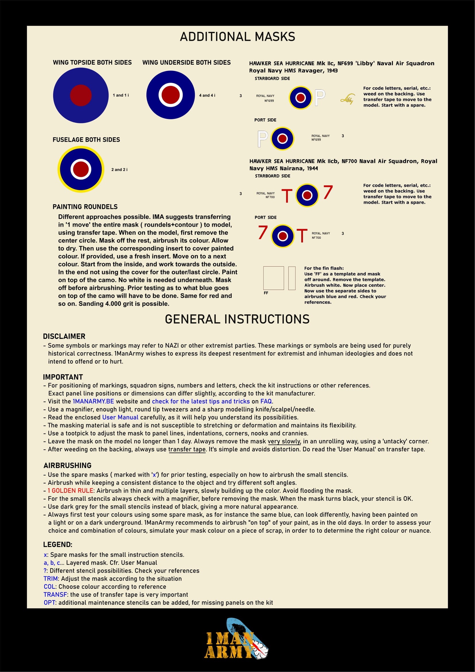 1ManArmy 1/32 ホーカー シー ハリケーン Mk.IIc 塗装マスキングセットの説明書／内容一覧画像