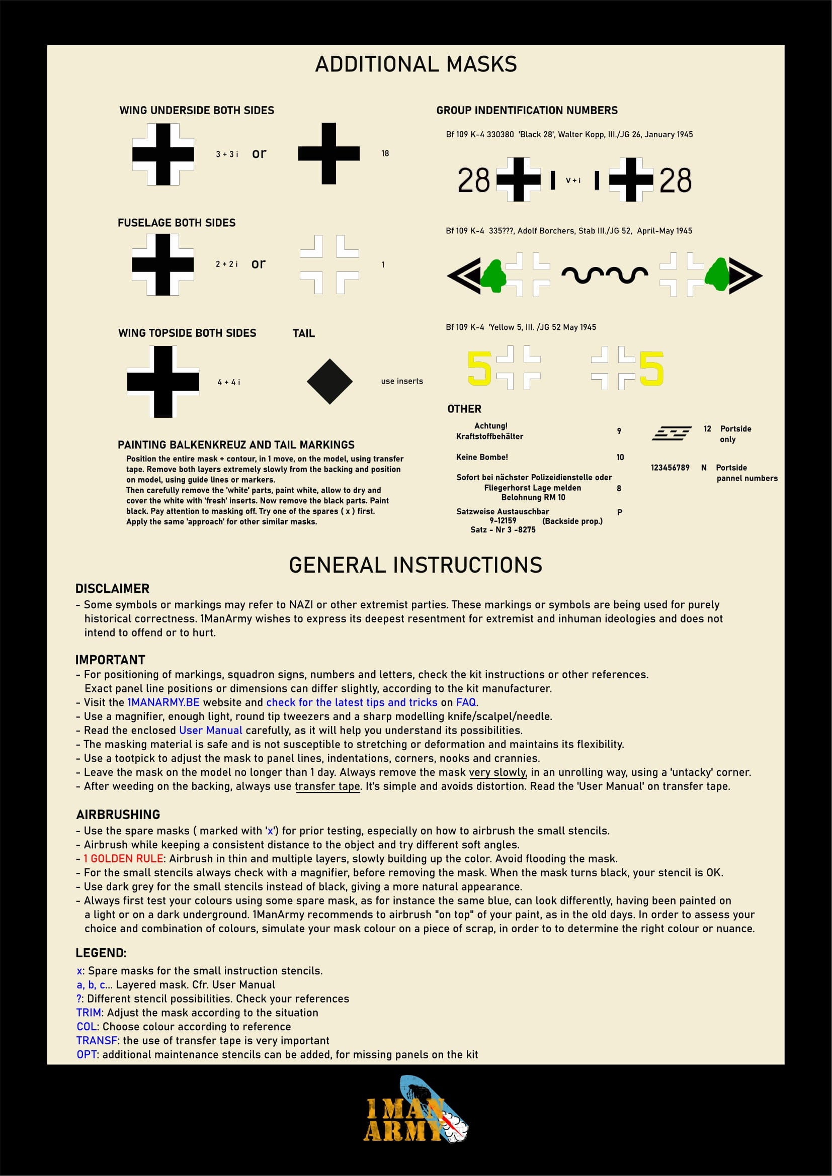 1ManArmy 1/32 メッサーシュミット Bf 109K-4 塗装マスキングセット（Kotare対応）の説明書／内容一覧画像