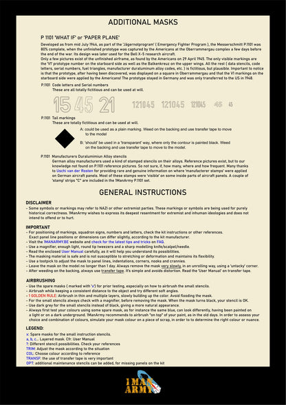 1ManArmy 1/32 メッサーシュミット P.1101 塗装マスキングセットの説明書／内容一覧画像