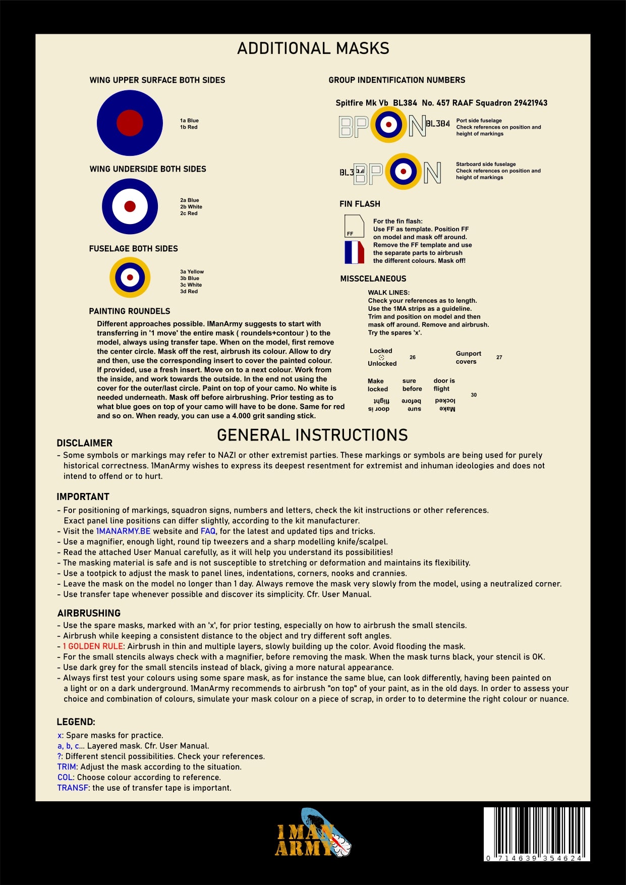 1ManArmy 1/35 Supermarine Spitfire Mk. Vb 塗装マスキングセット 内容／説明書画像