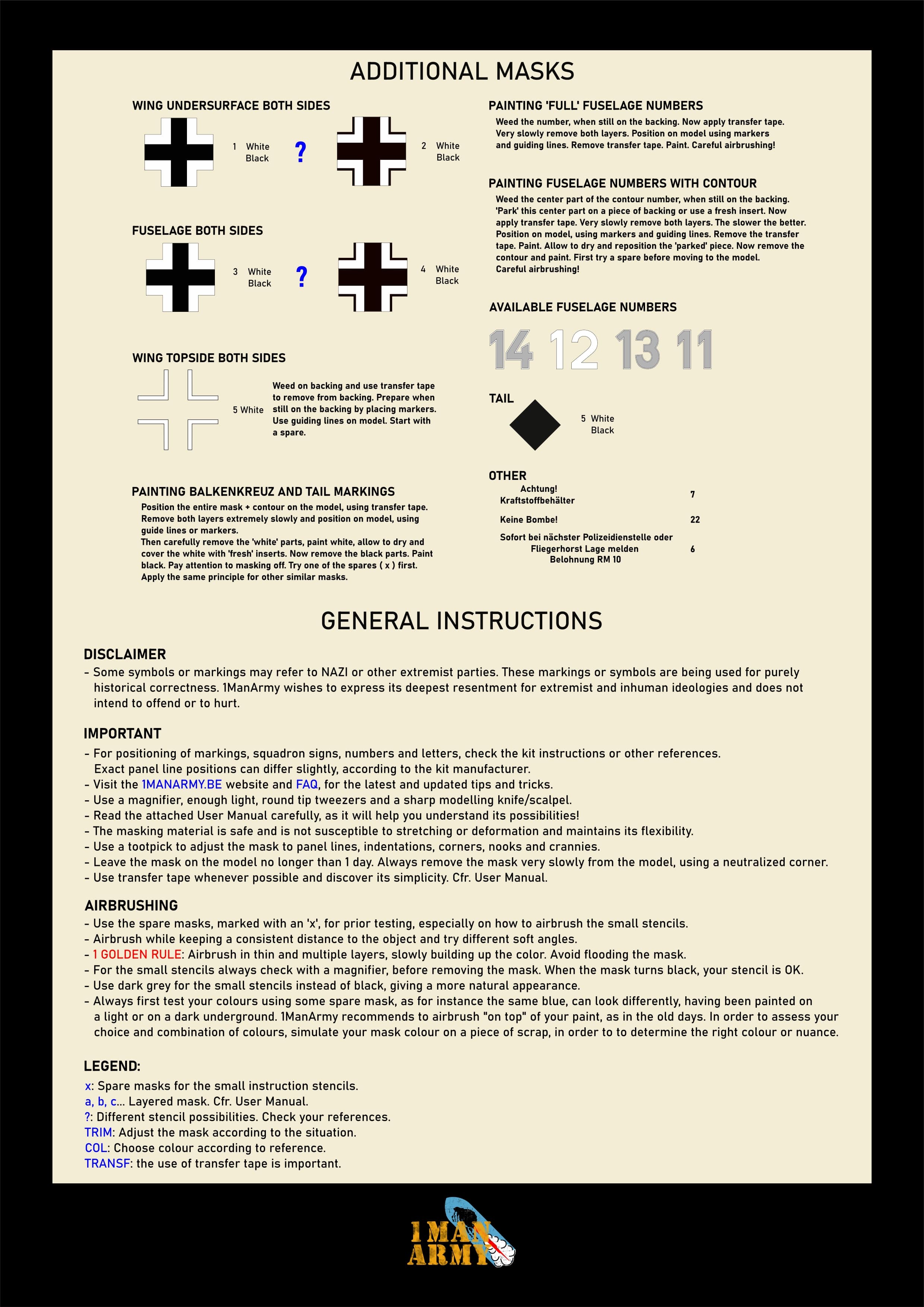 1ManArmy 1/35 Focke-Wulf Fw190 A-6 塗装マスキングセット 内容／説明書画像