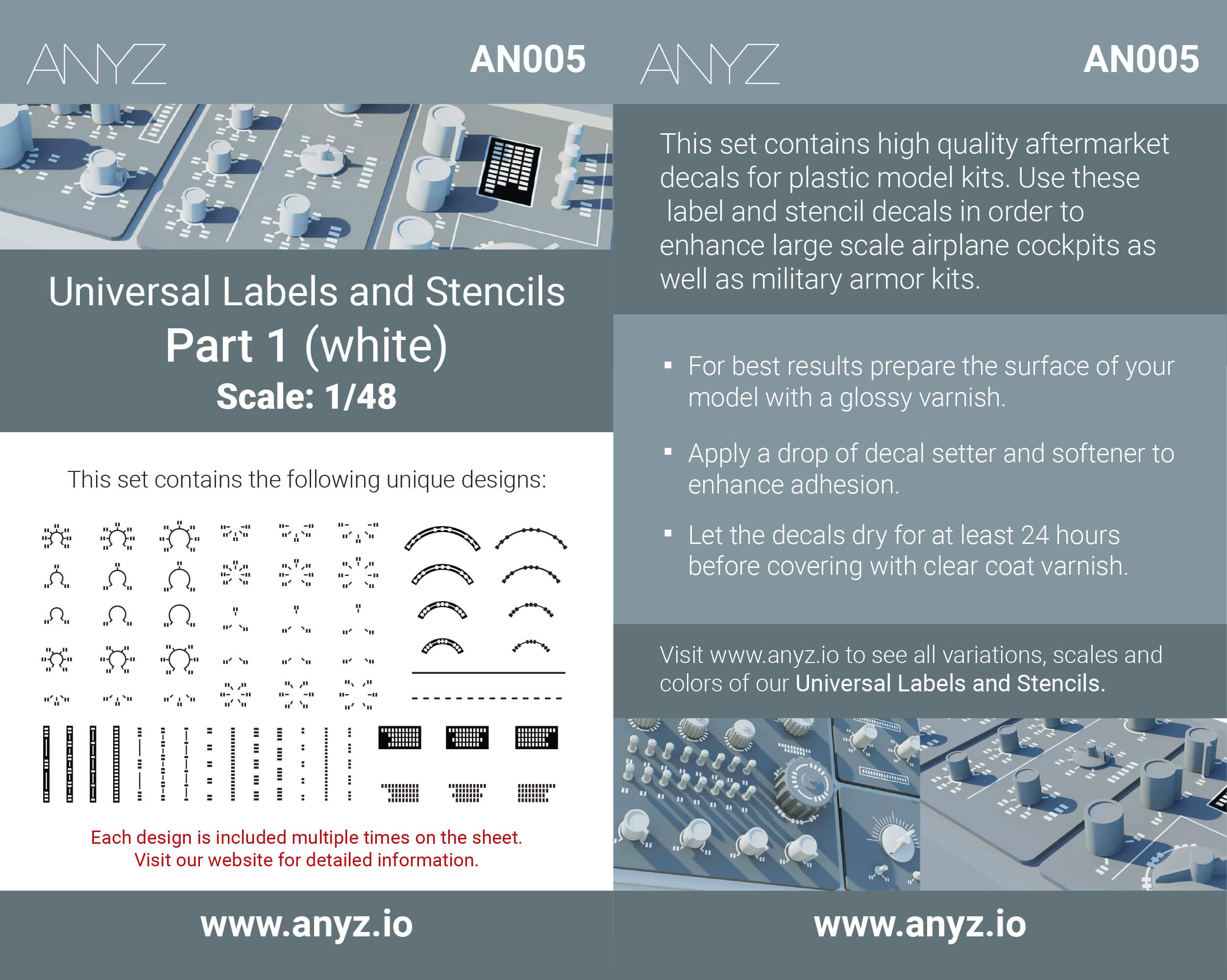 ANYZ AN005 1/48 汎用ラベル＆ステンシル デカール（ホワイト）の製品説明および使用案内画像